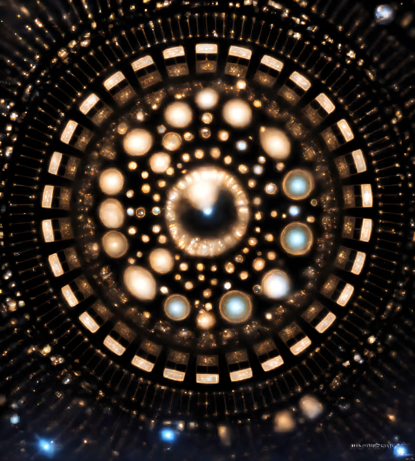 Circular Fractal Pattern with Glowing Orbs in Gold and Blue Shades