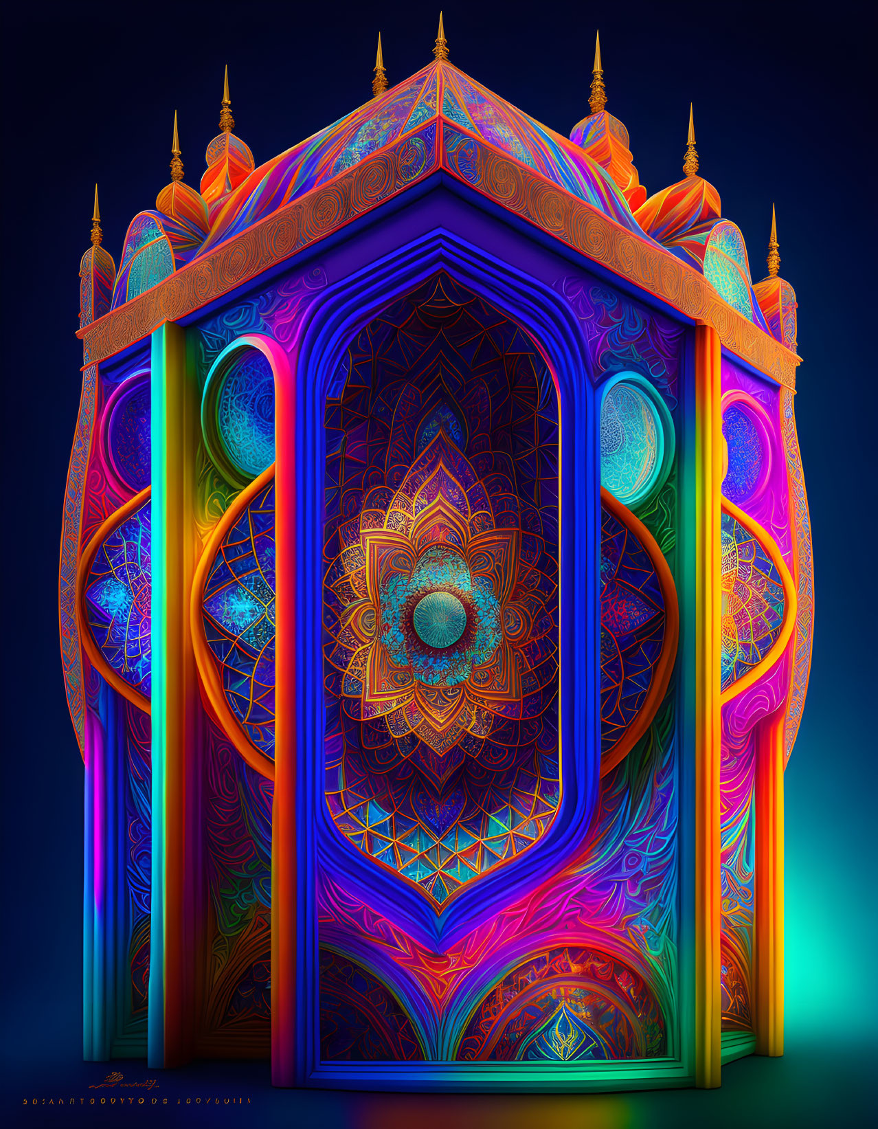 Neon-lit illustration of ornate traditional structure