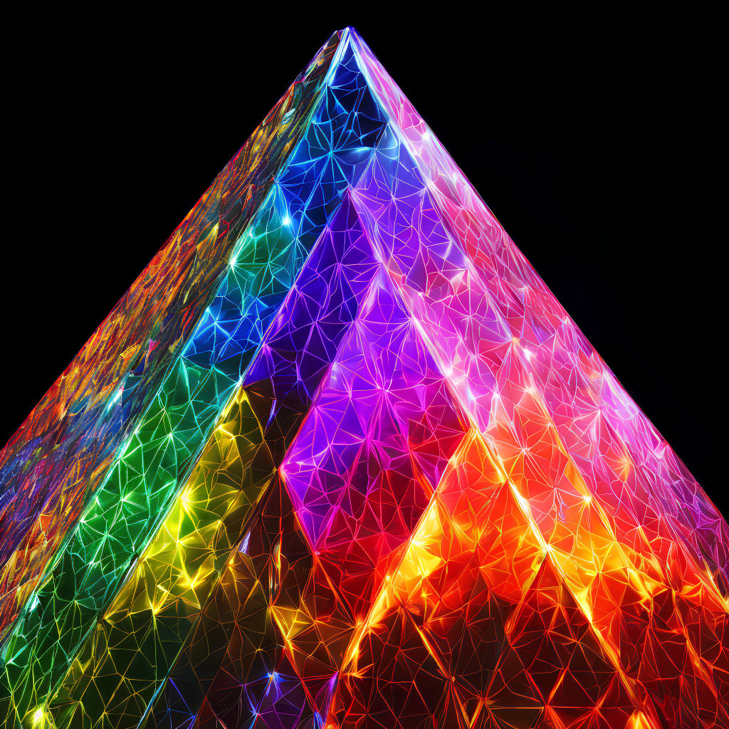 Vibrant neon light projection on pyramidal structure in black background