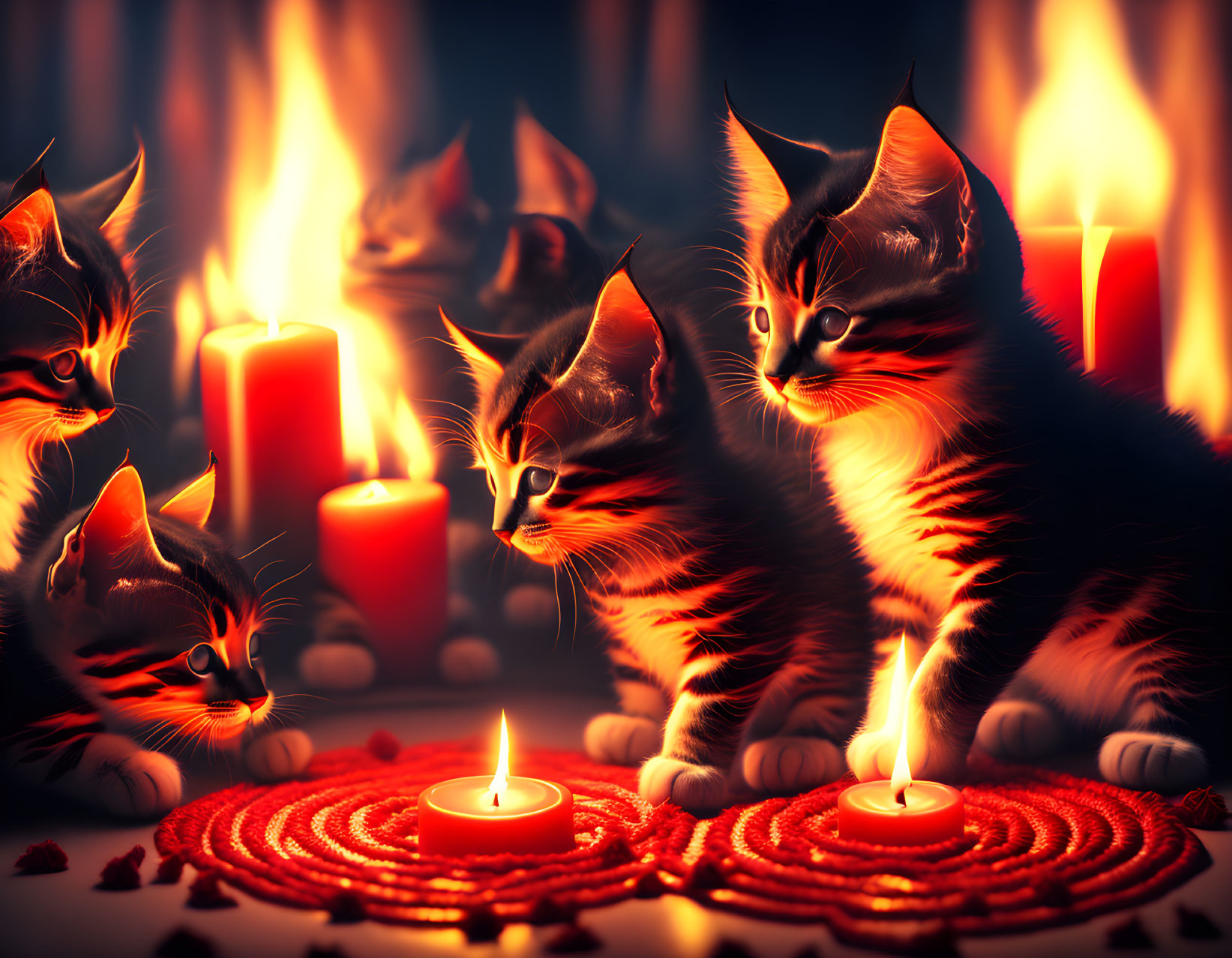 Five kittens surrounded by lit candles, warm glow, and rose petals.