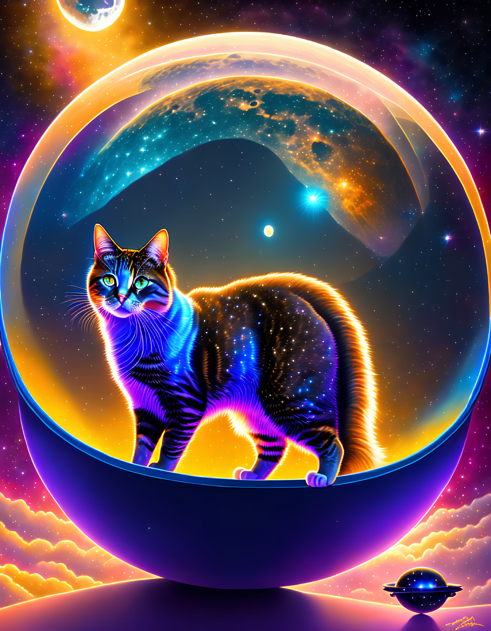 Colorful cosmic cat digital artwork with nebulas, stars, planets, and UFO.