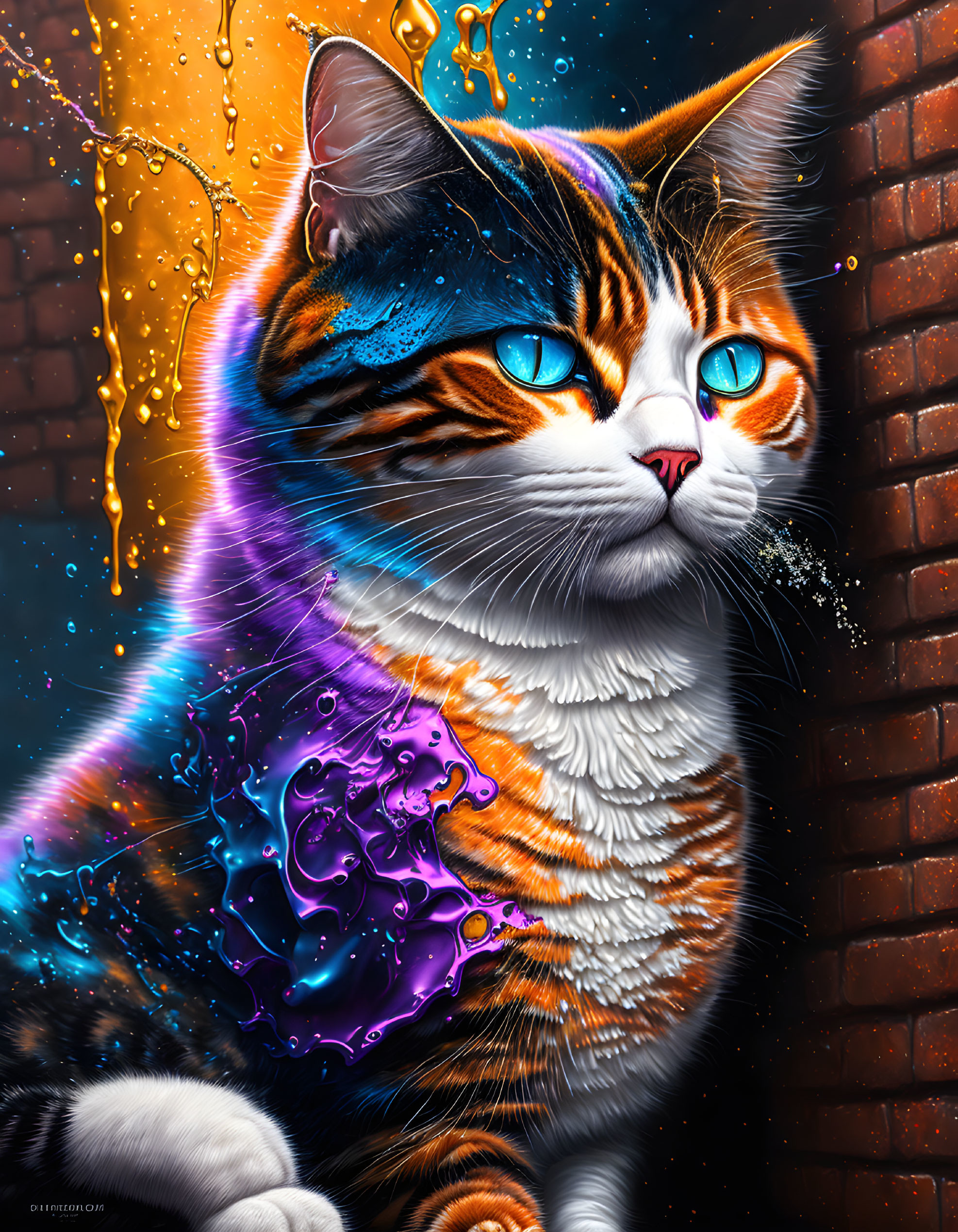 Colorful cat artwork with blue eyes and cosmic pattern on brick wall.