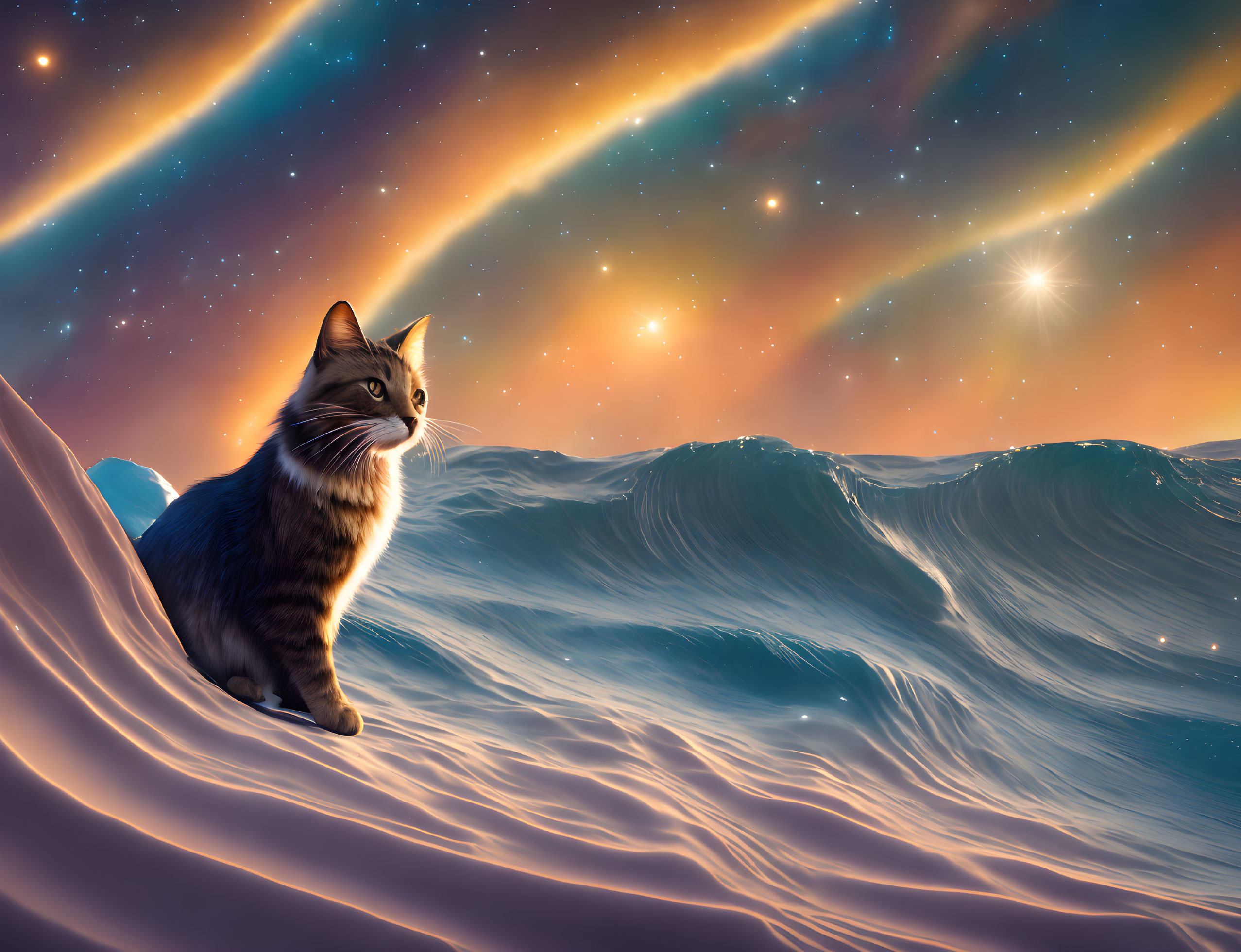 Majestic cat on surreal landscape under starry sky with aurora.