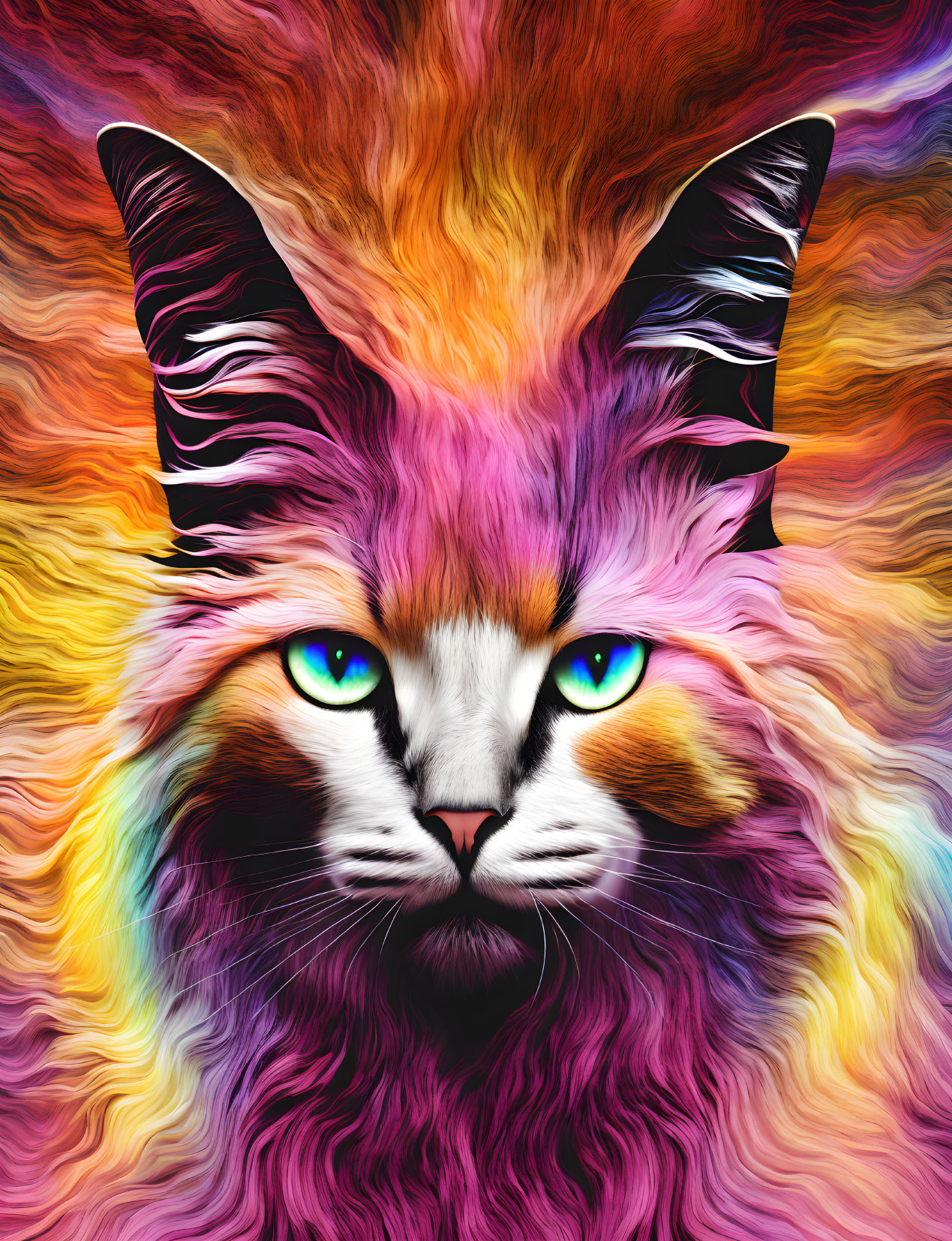 Colorful Digital Art: Cat with Blue Eyes & Flame-Like Fur