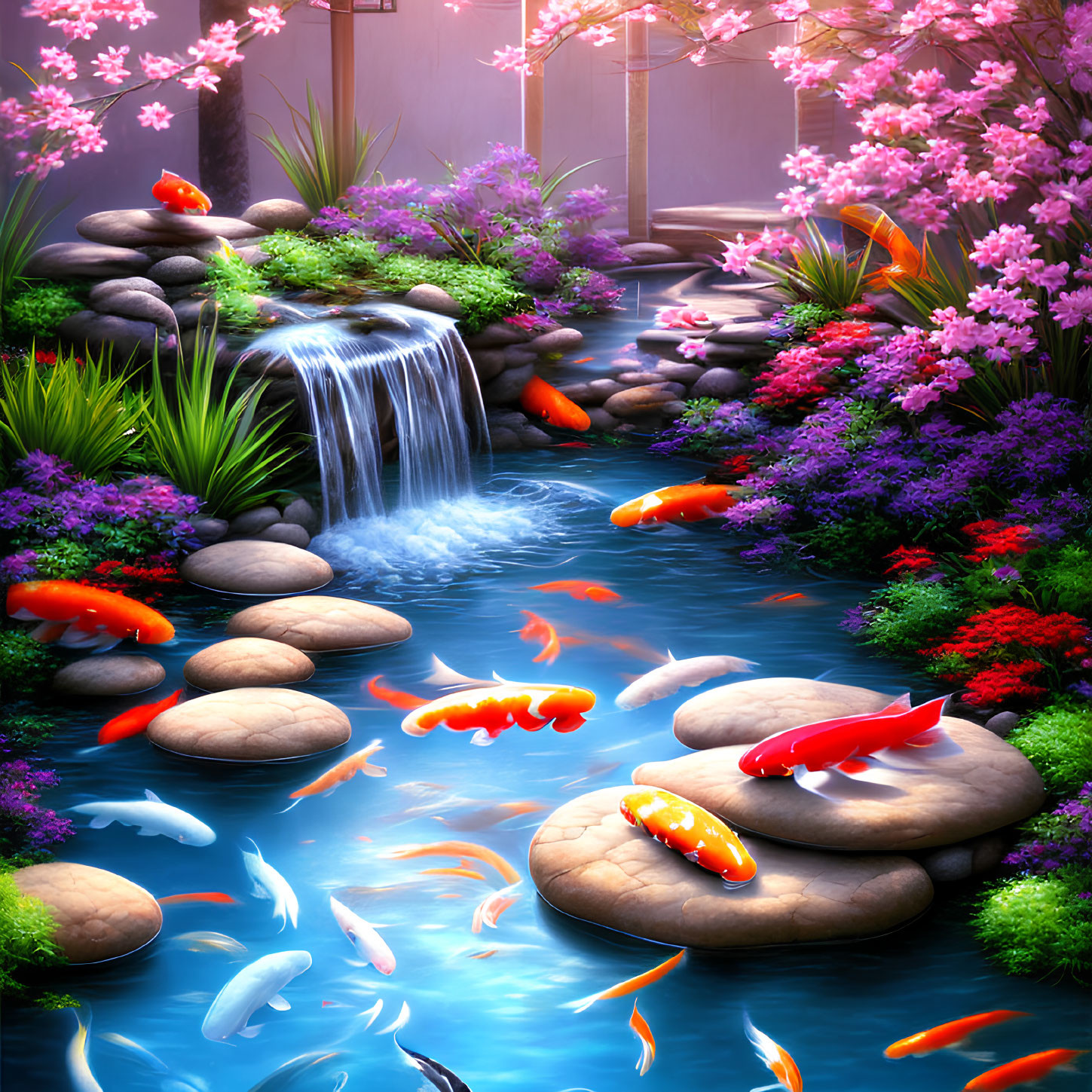 Colorful Garden with Waterfall, Koi Pond, Cherry Blossoms, and Greenery