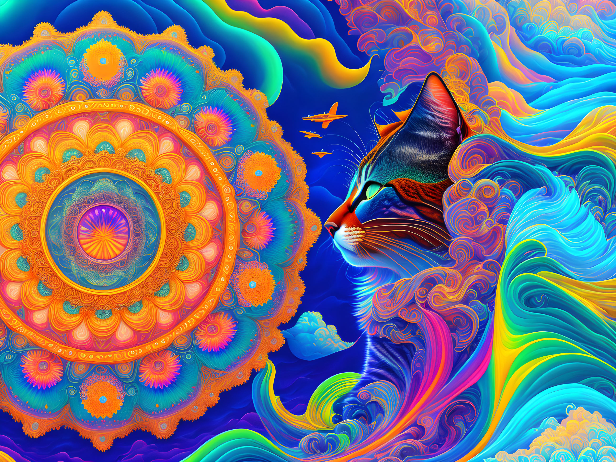 Colorful Psychedelic Artwork with Mandala and Cat on Vibrant Background