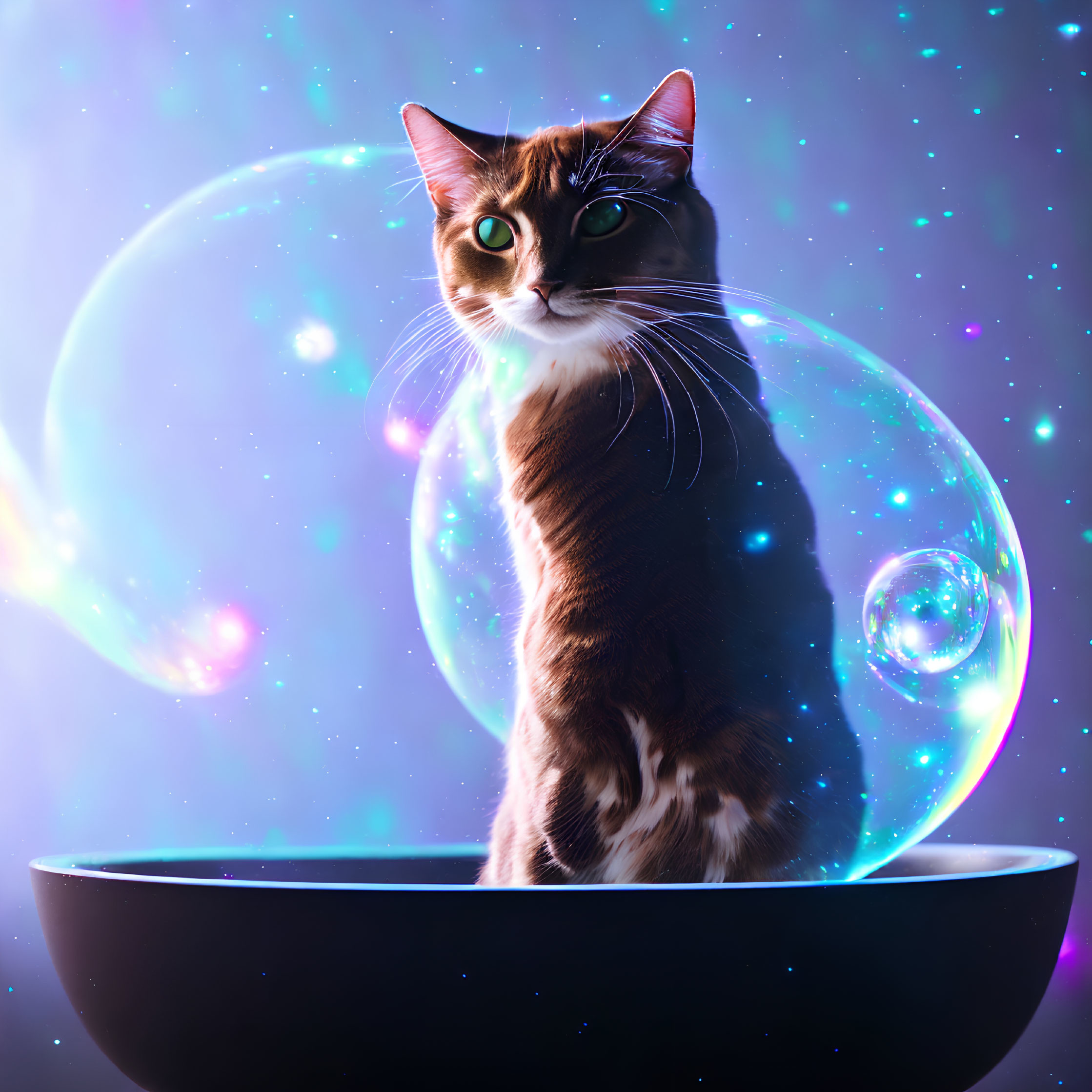 Cat with striking eyes in bowl surrounded by iridescent bubbles on sparkly purple backdrop