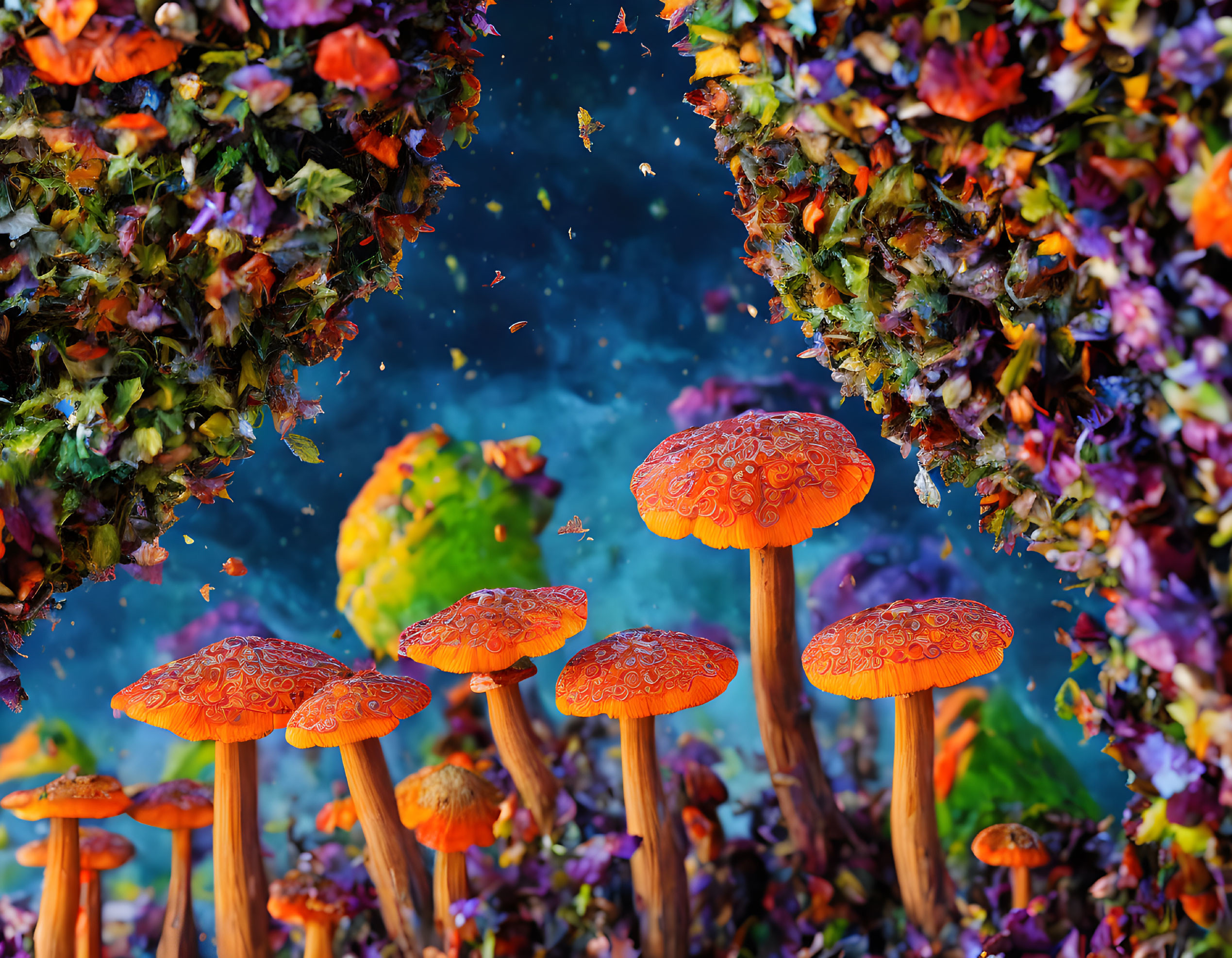 Colorful Mushroom and Flower Scene on Starry Blue Background