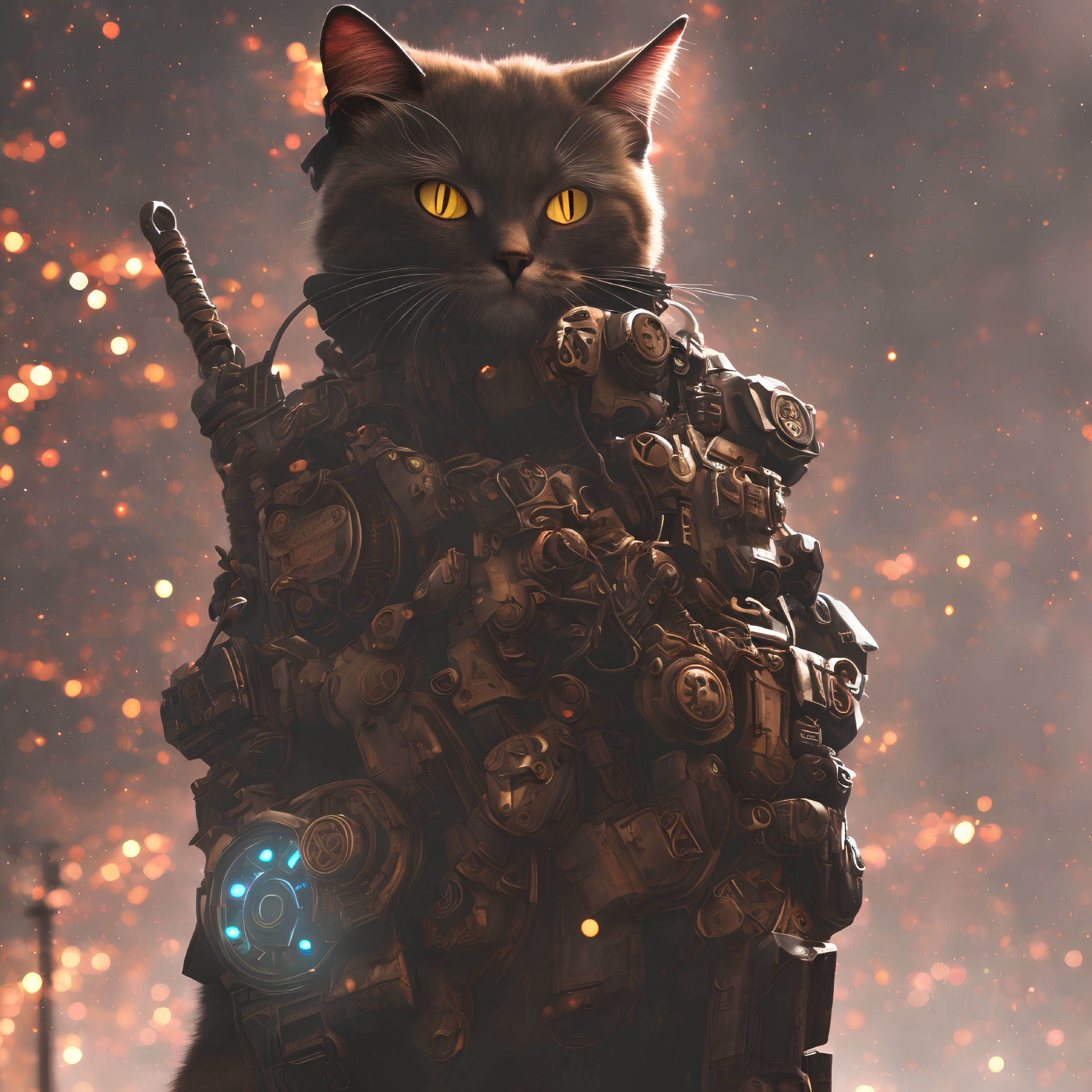 Futuristic mechanical suit cat with glowing yellow eyes on orange backdrop