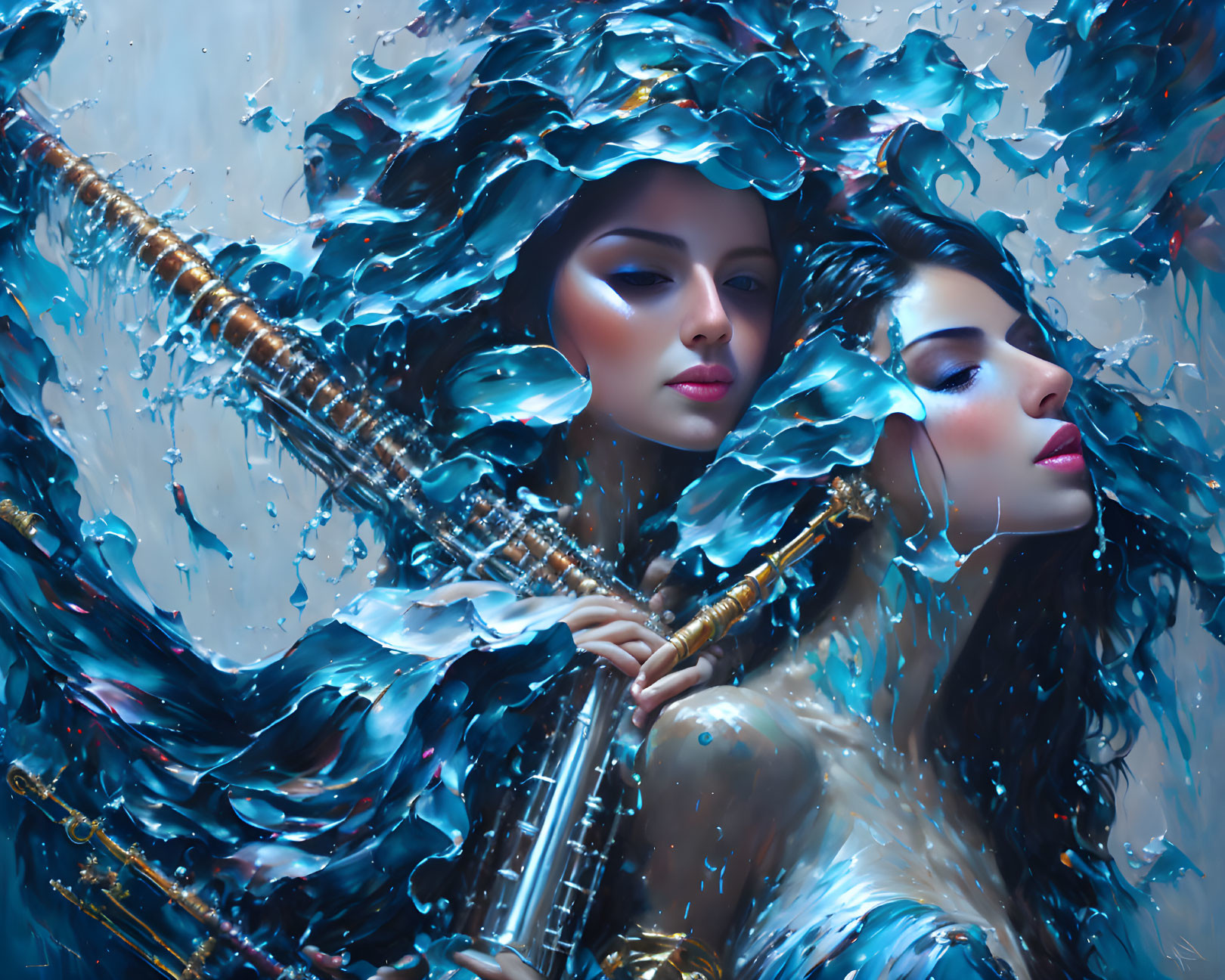 Two women with aquatic-like hair in surreal water motif.