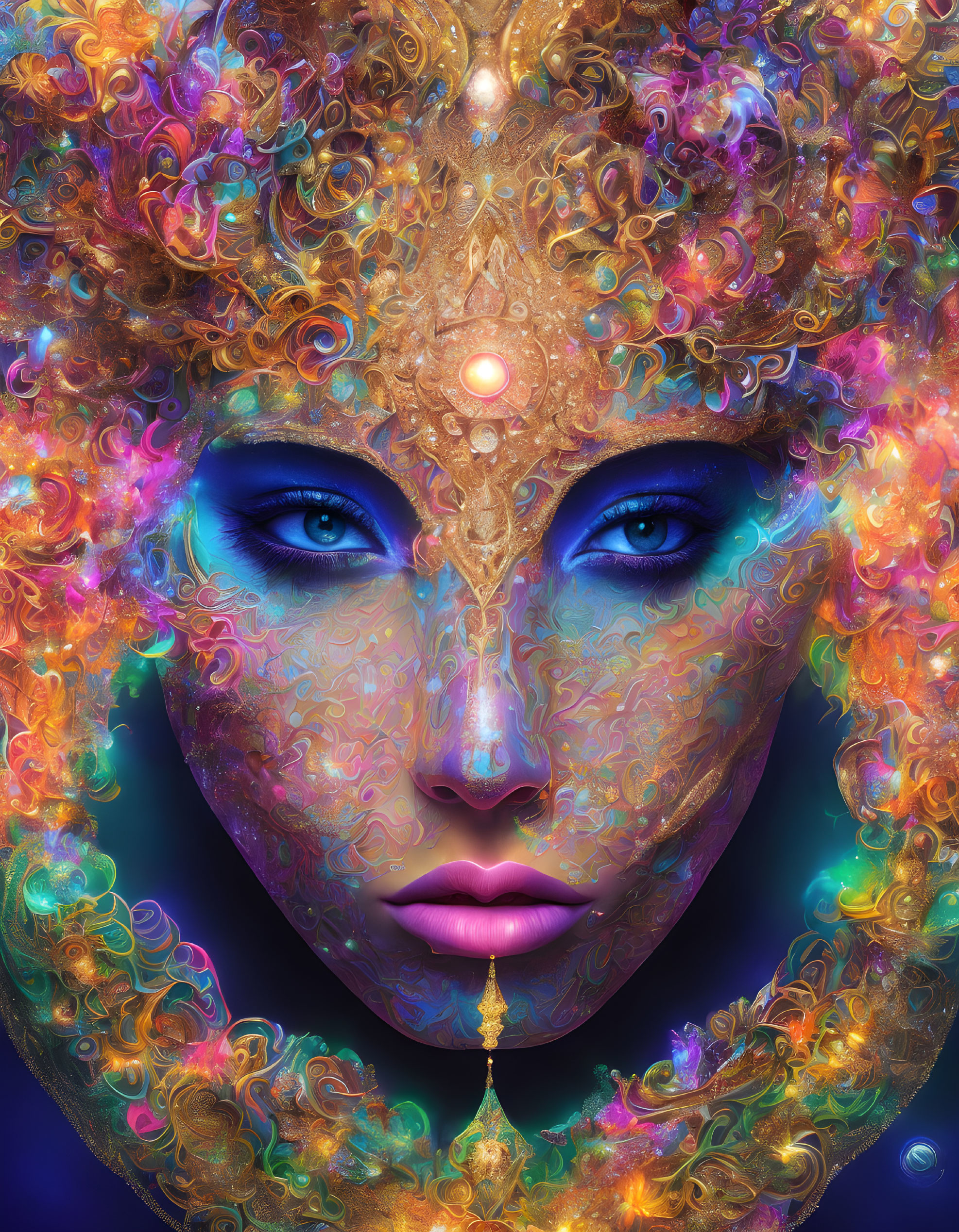 Detailed digital artwork of face with golden headgear, blue eyes, and colorful patterns
