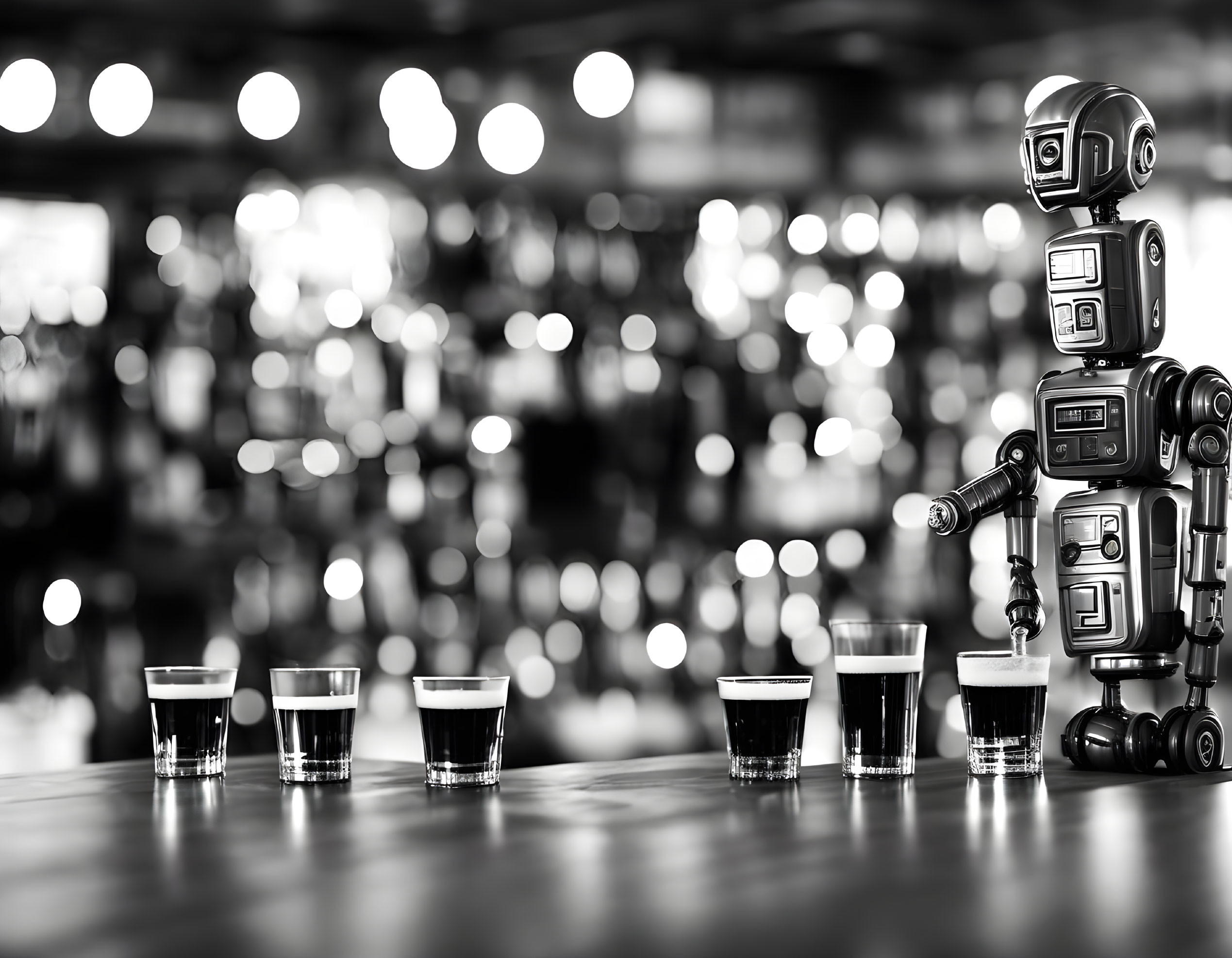 Monochrome humanoid robot at bar with shot glasses and bokeh lights