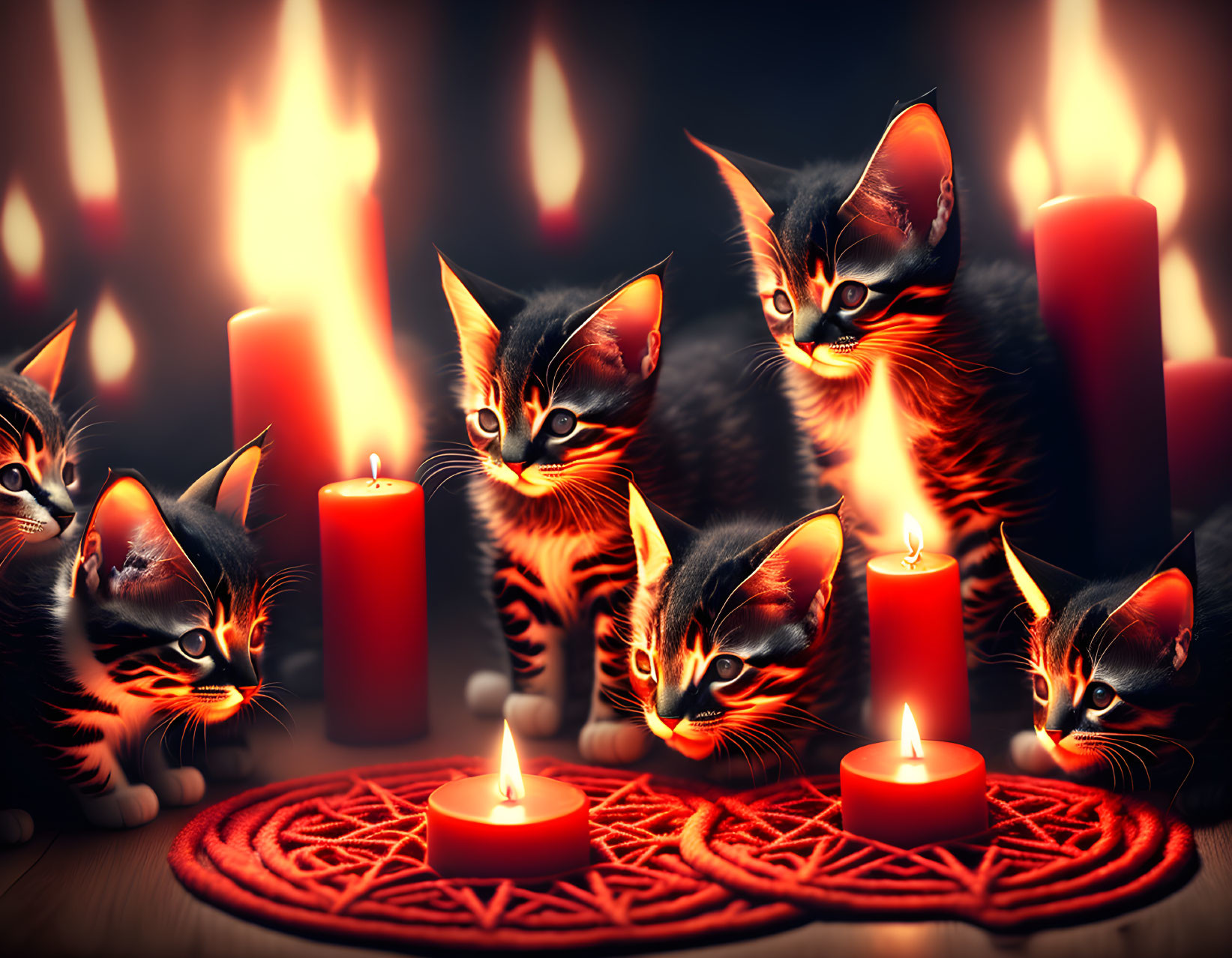 Stylized flame-like markings on kittens with red candles and fiery backdrop