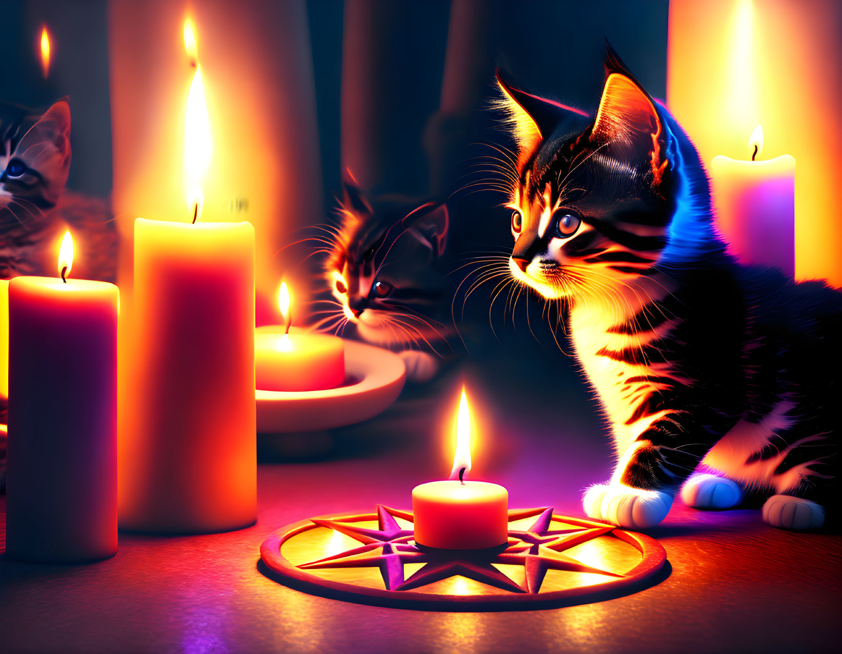 Three kittens surrounded by lit candles, creating a mystical ambiance