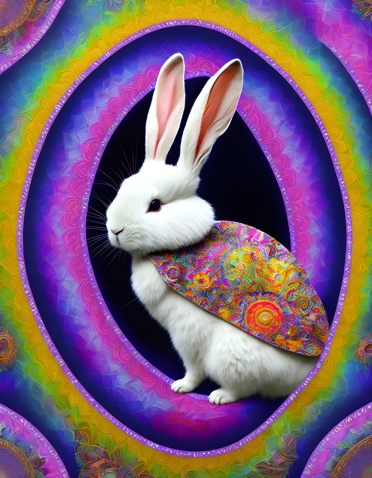 Colorful Paisley Cloak White Rabbit in Psychedelic Egg Frame