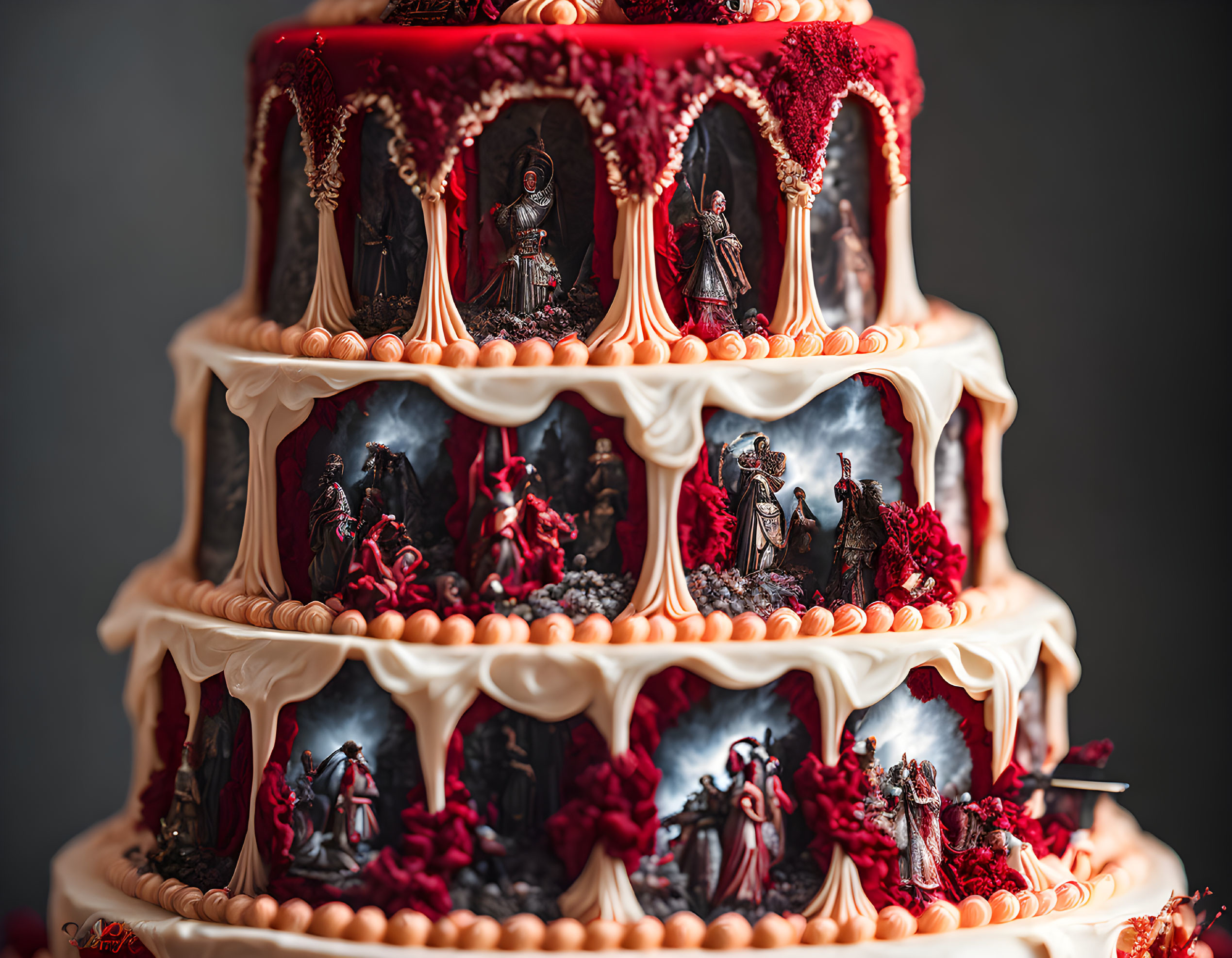 Ornate multi-tiered cake with red and black figurines and baroque decor