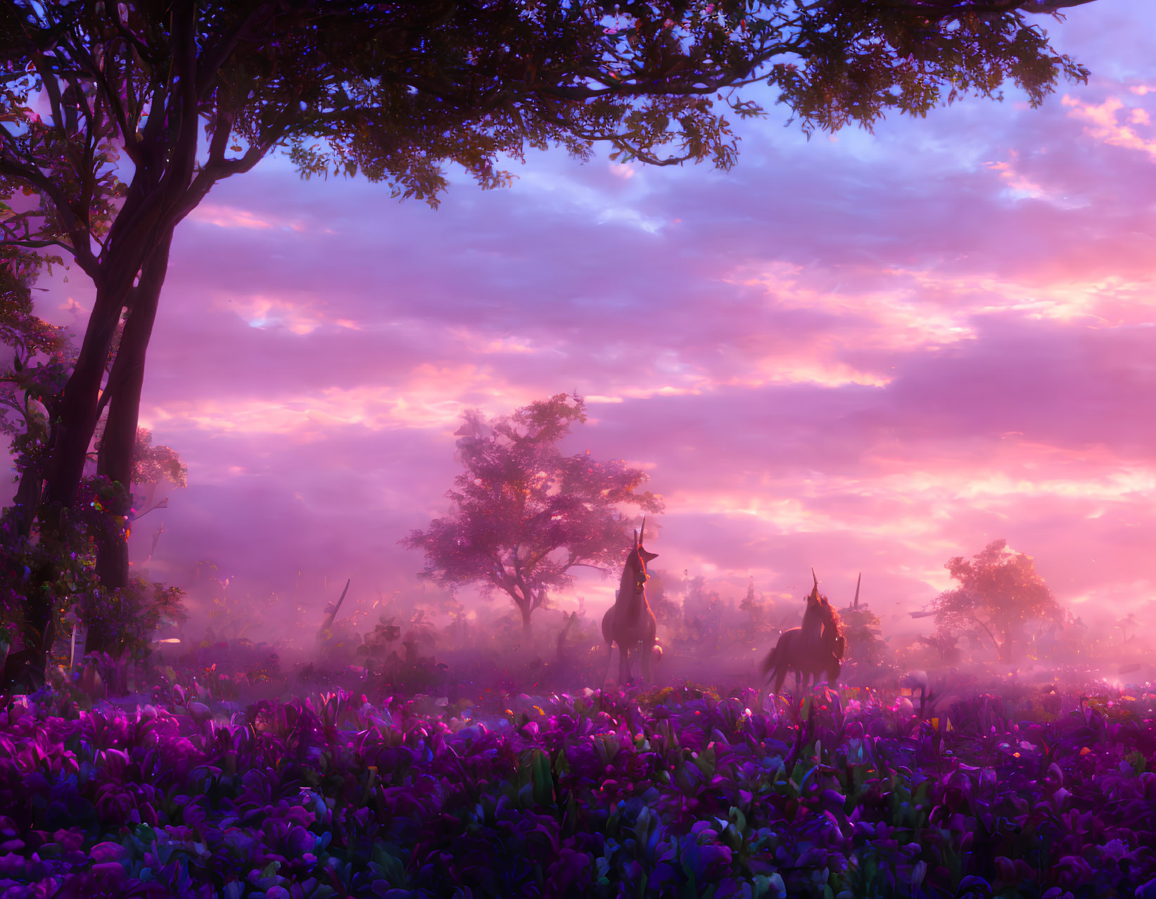 Knights riding through mystical purple flower field at sunset