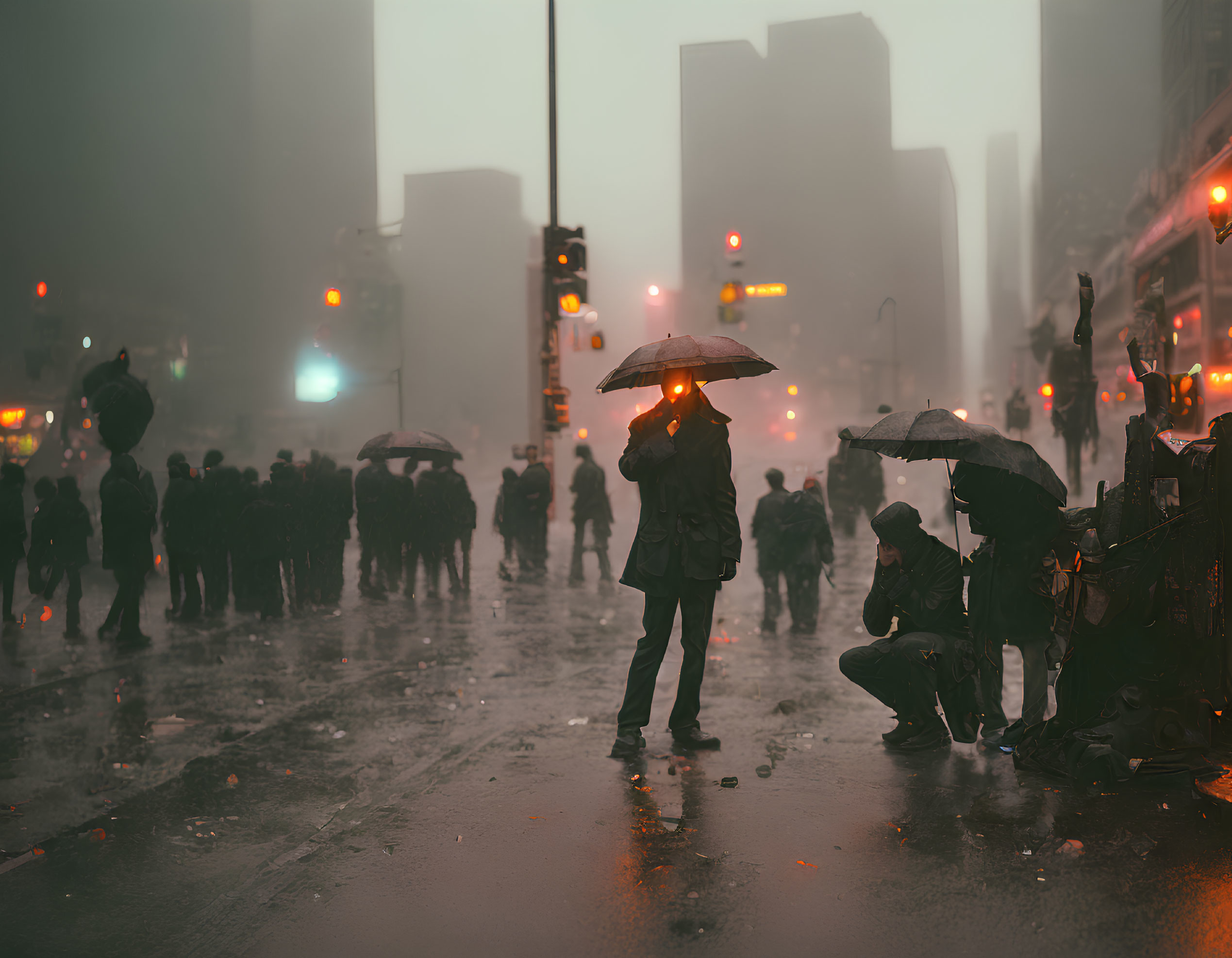 Busy city street scene on a rainy night with people and umbrellas under city lights.