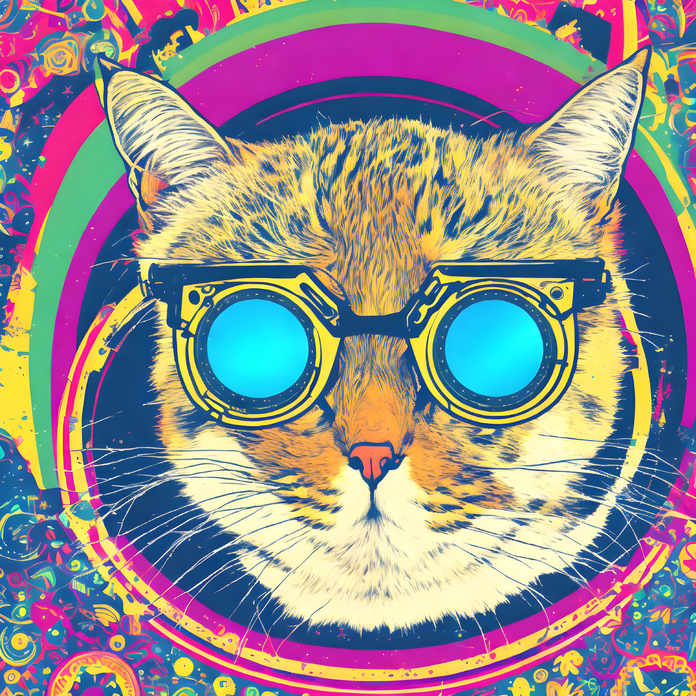 Colorful Cat Illustration with Psychedelic Patterns and Glasses