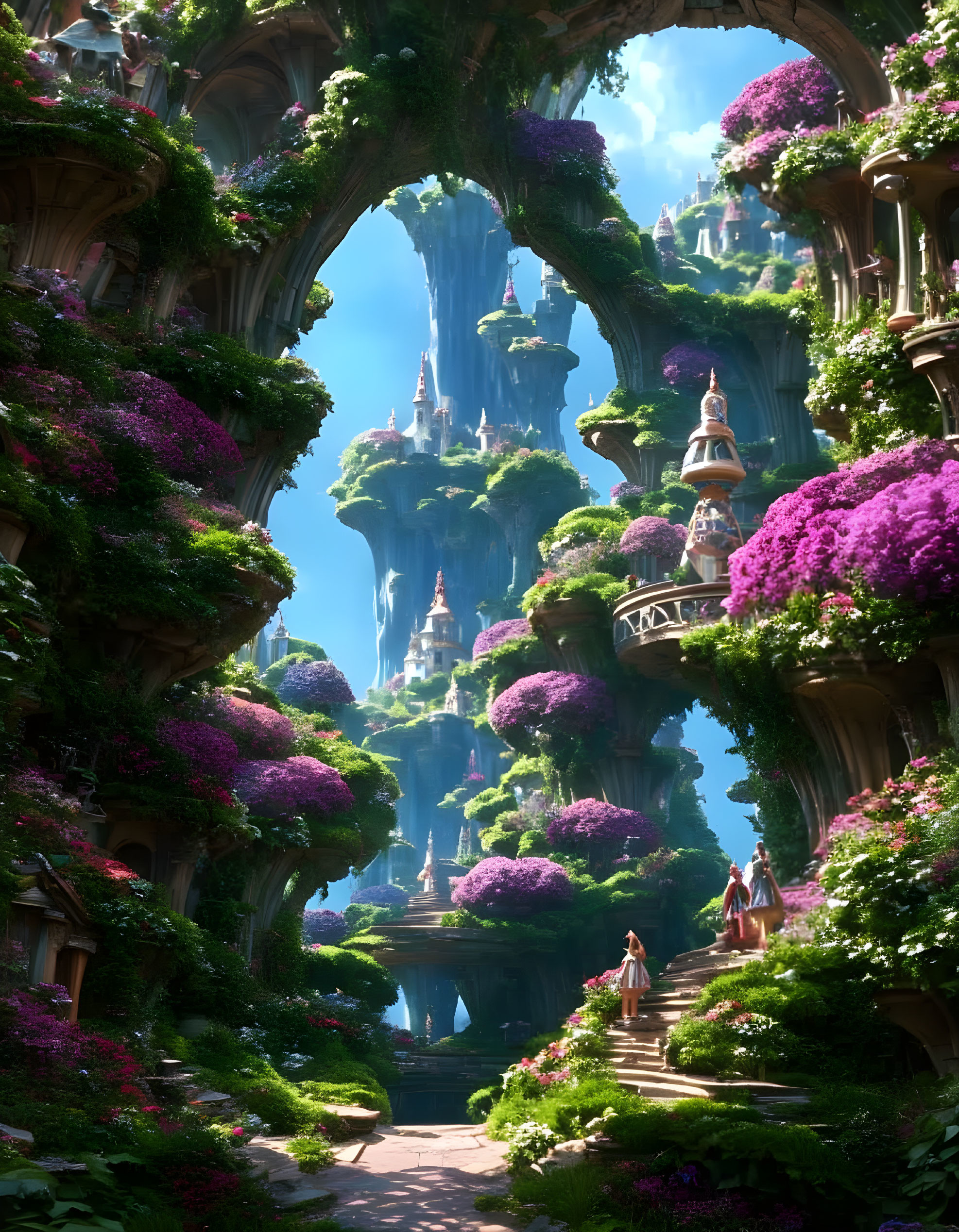Fantastical landscape with lush greenery, purple trees, intricate architecture, and a towering castle.