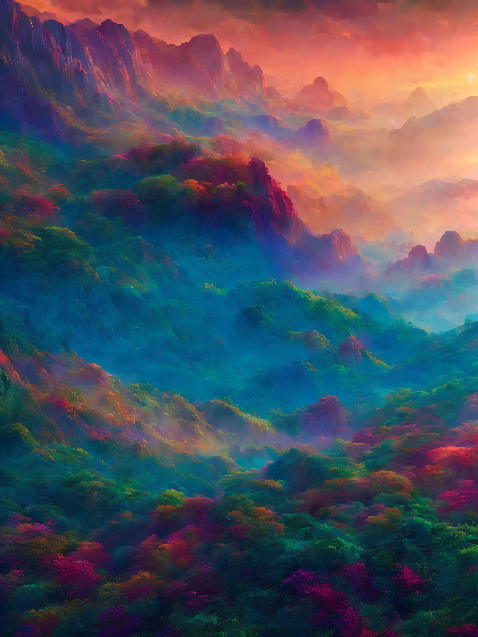 Colorful digital artwork: Misty mountain landscape with lush vegetation