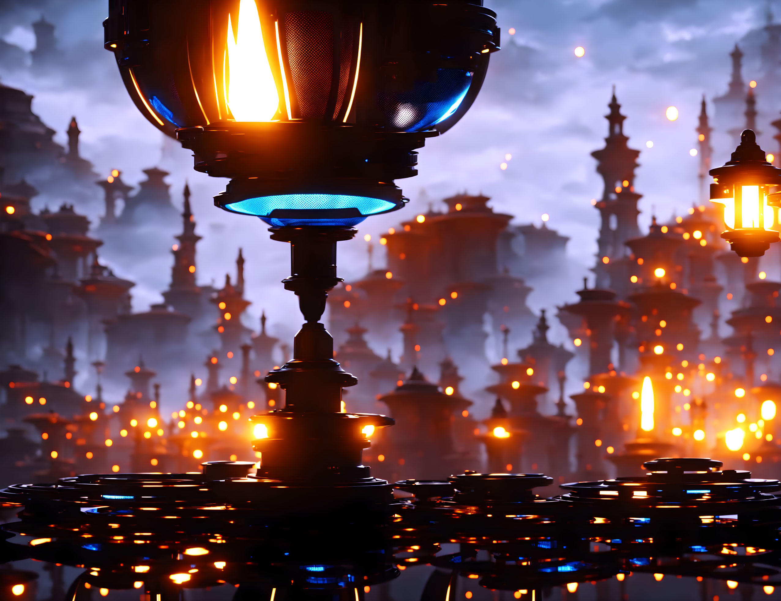 Fiery lantern close-up over fantasy cityscape at dusk