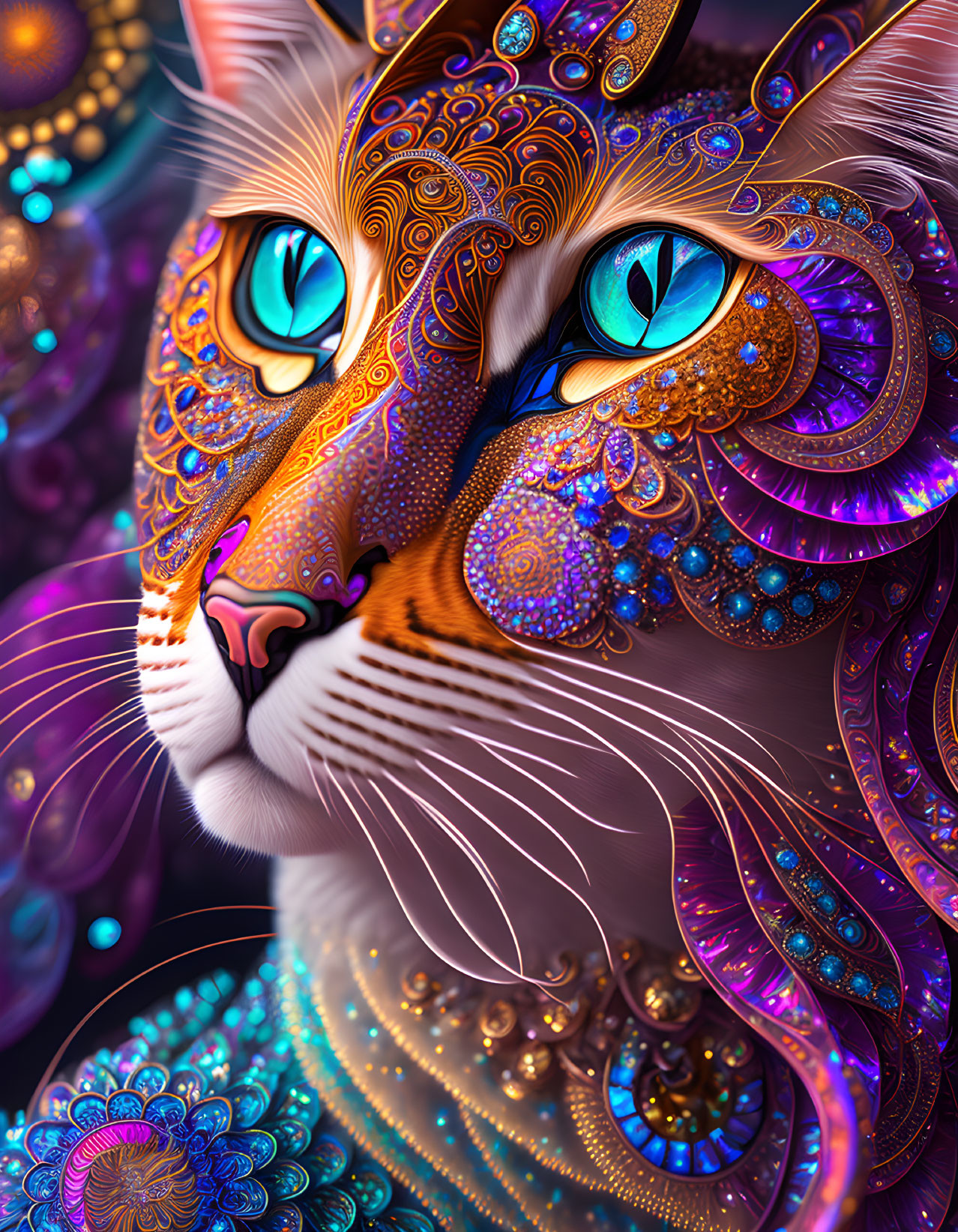 Colorful Digital Artwork: Intricate Cat with Ornamental Patterns