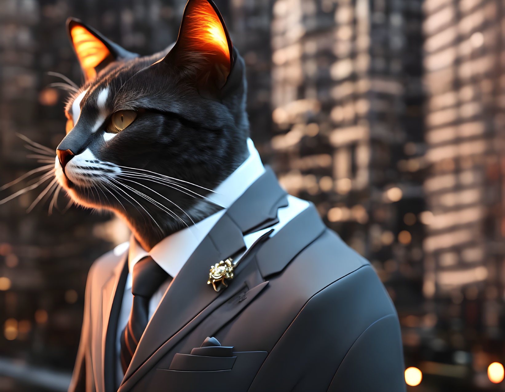 Feline with human body in suit against city skyline at dusk