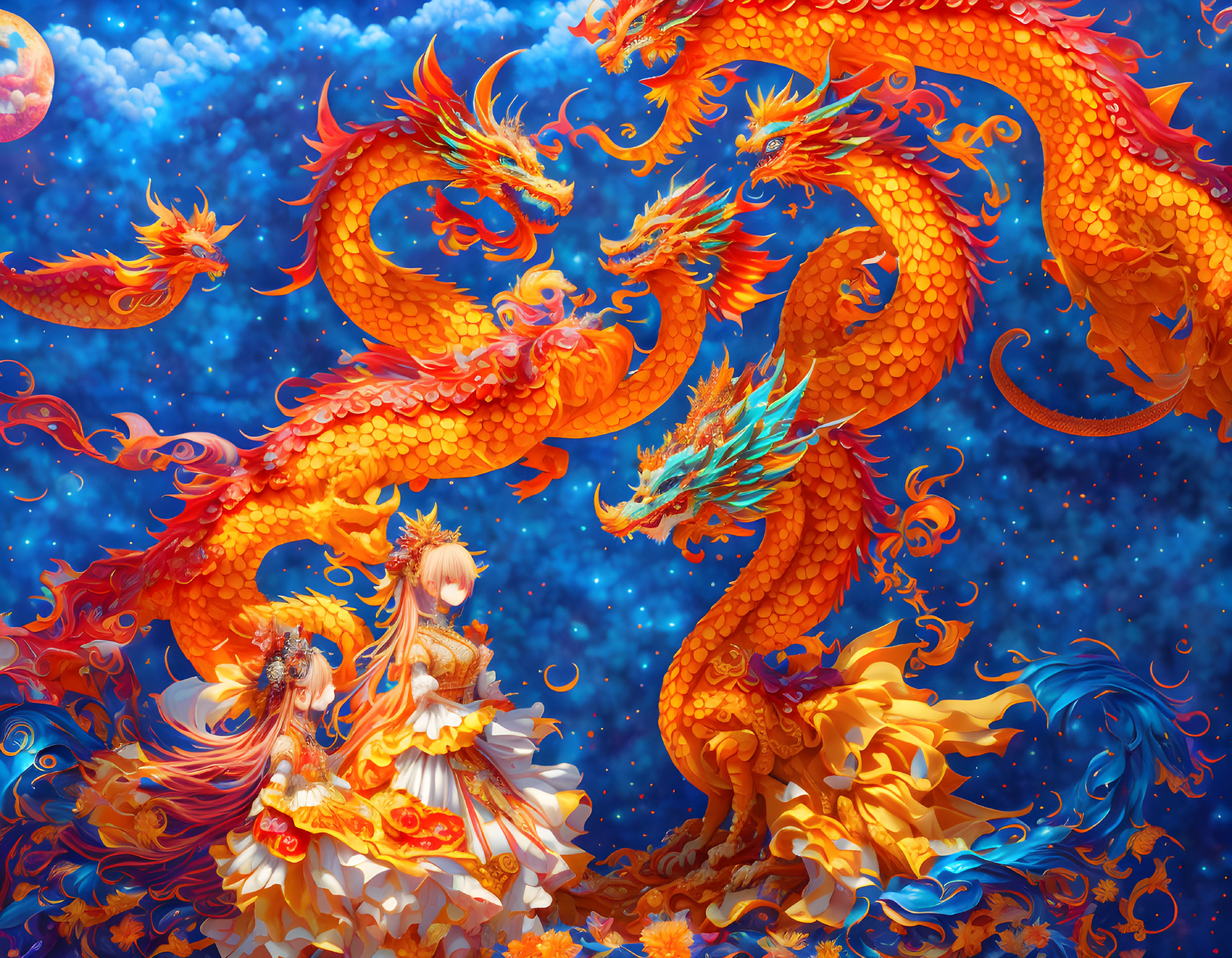 Illustration of girl in ornate attire with fiery dragons in sky