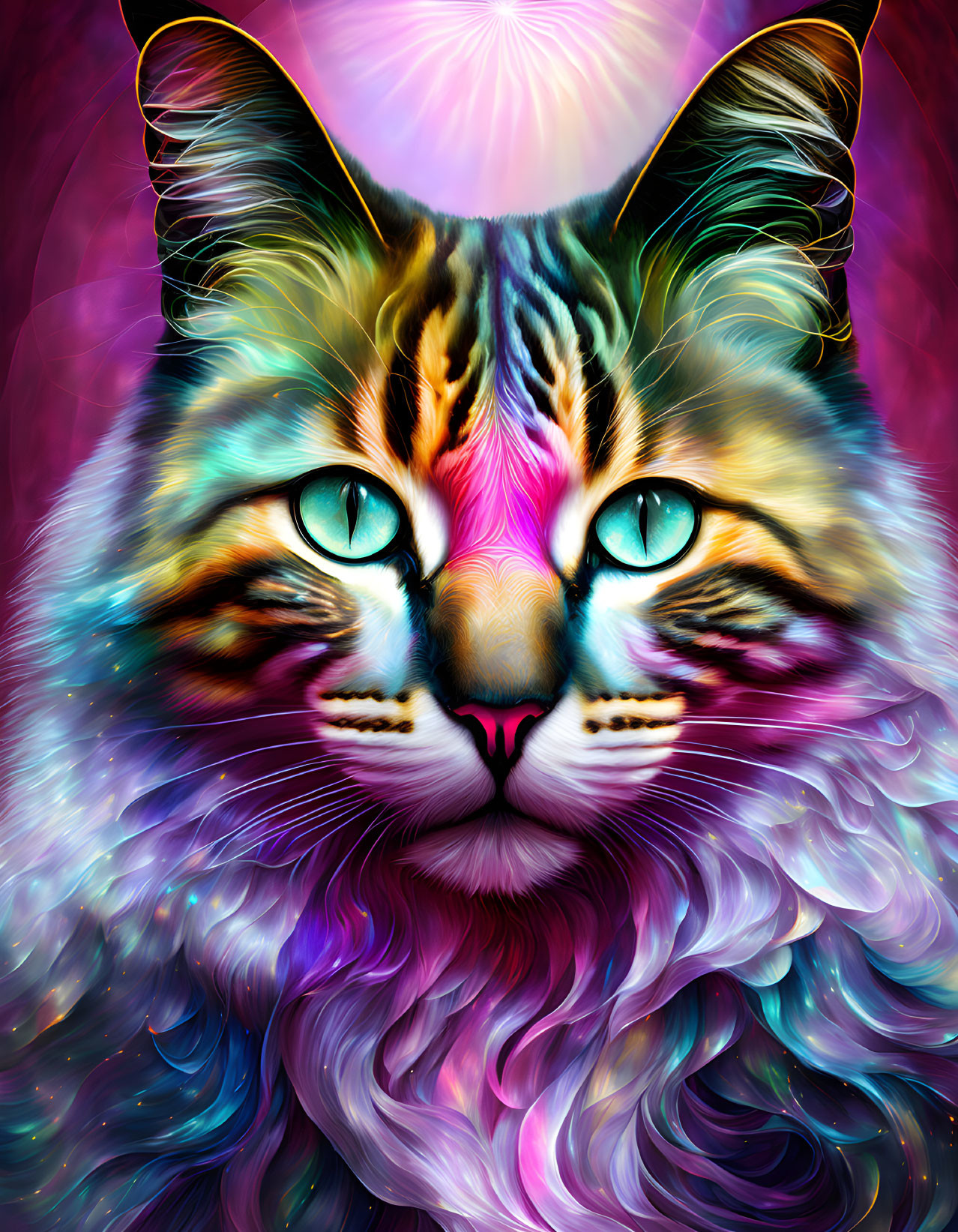 Colorful Digital Artwork: Cat with Blue Eyes & Swirling Fur