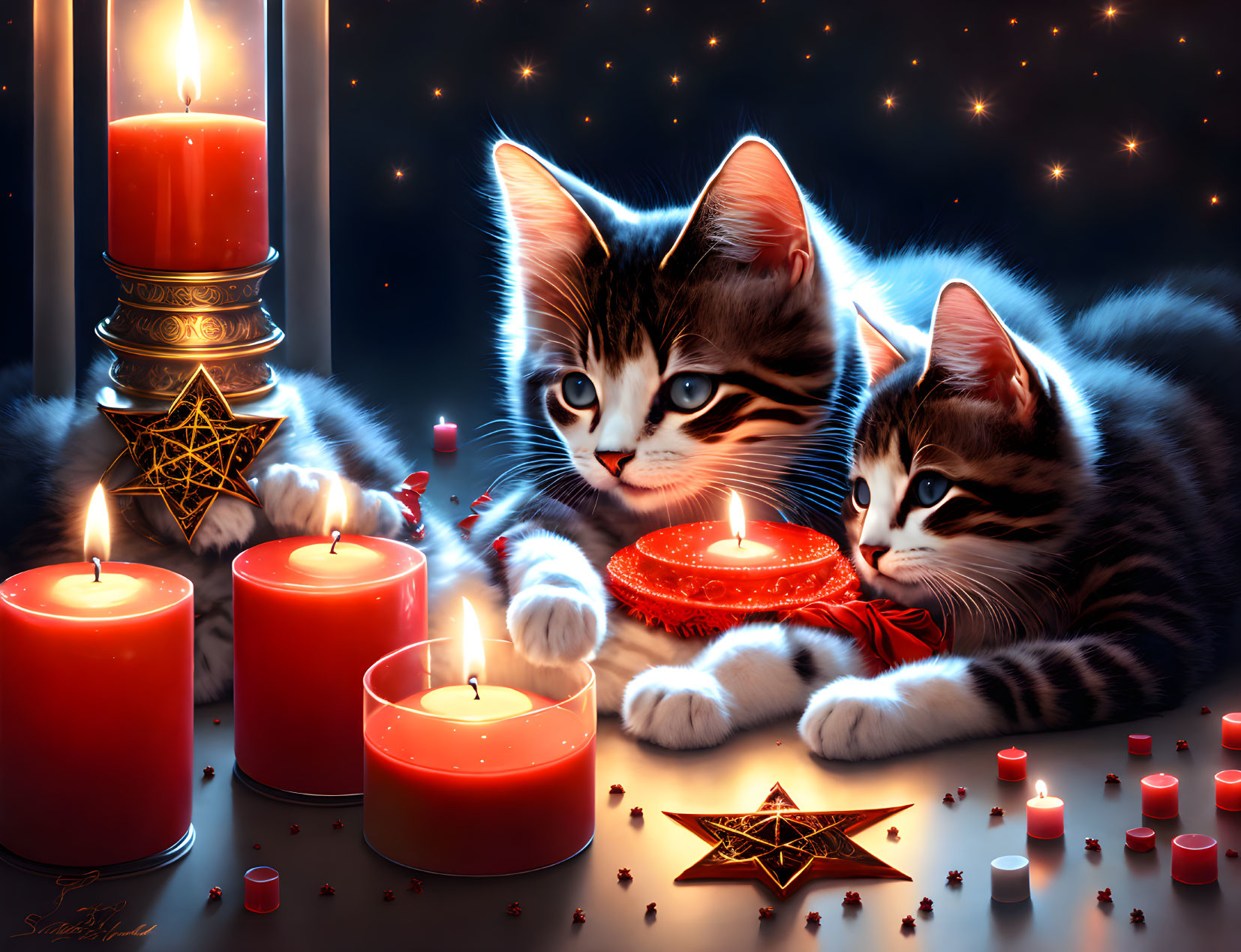 Two kittens surrounded by lit candles, one in a bow tie and the other wearing a necklace, set