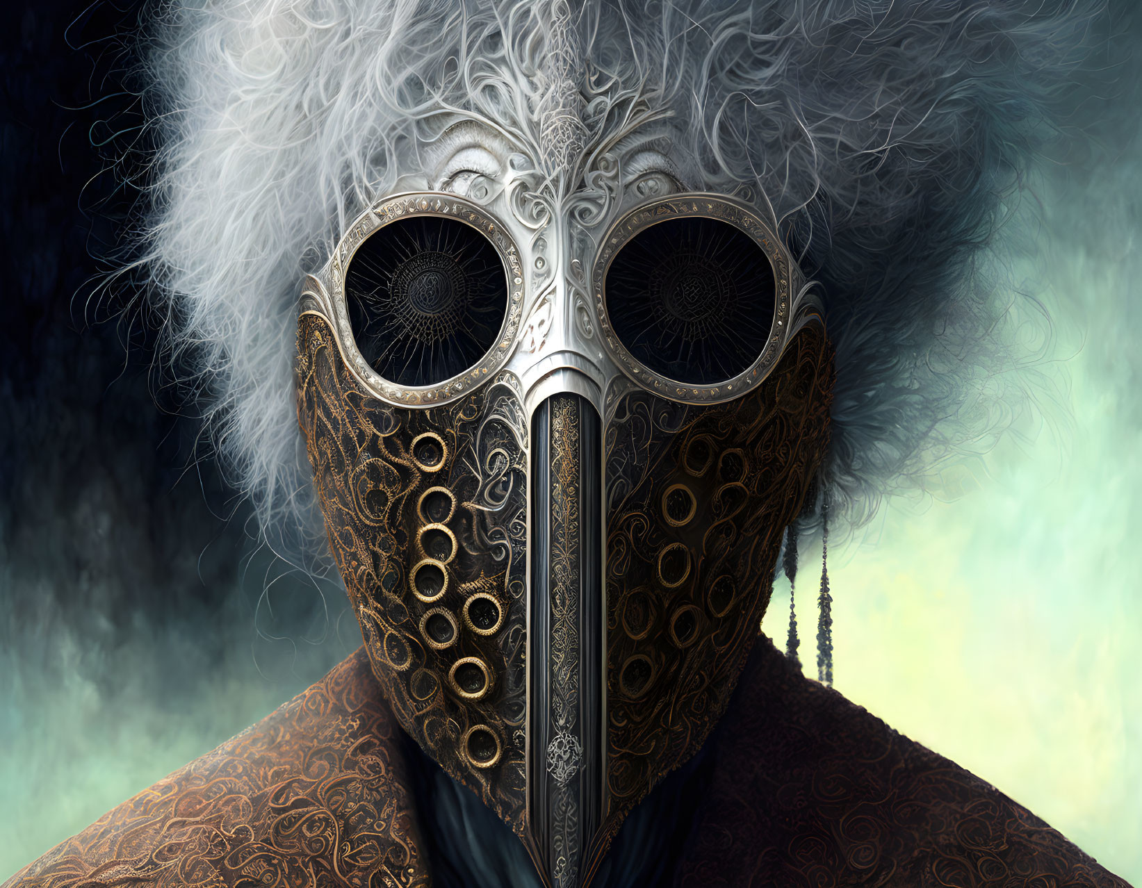 Steampunk-style Plague Doctor Mask with Intricate Designs in Misty Setting