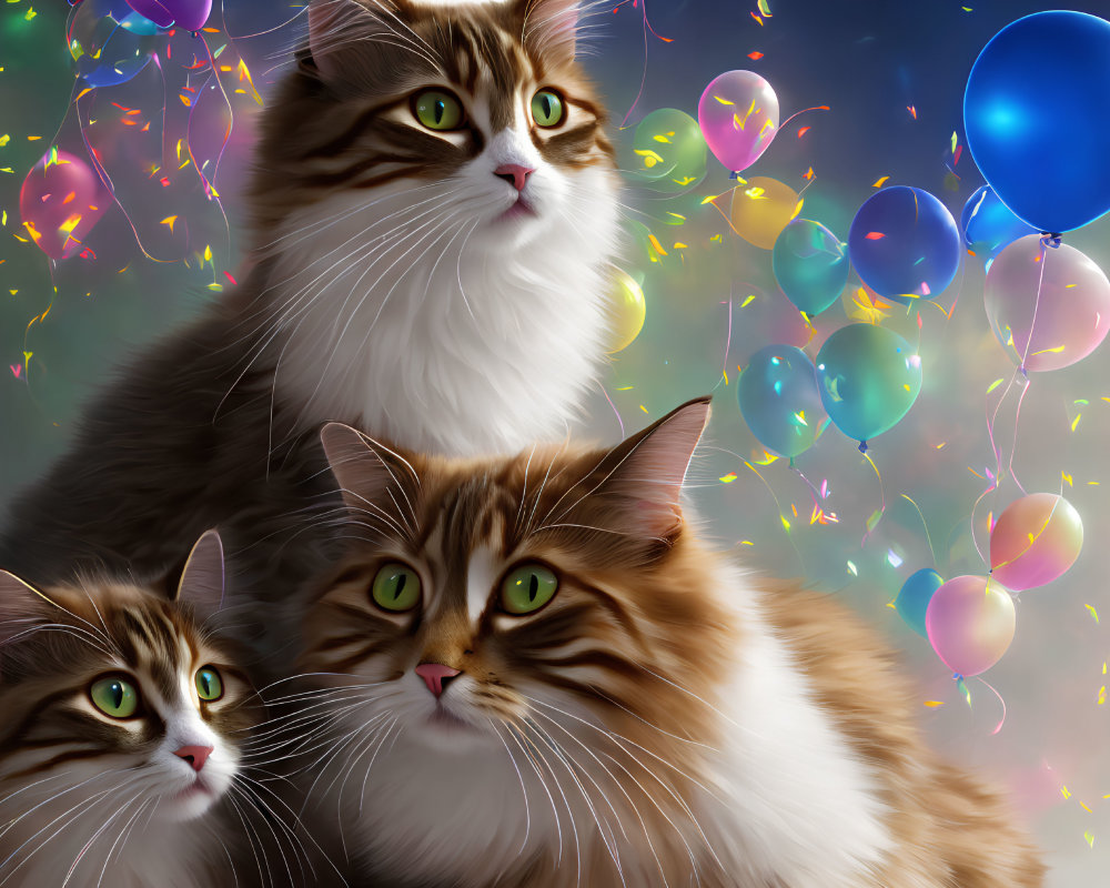 Fluffy Cats with Green Eyes Surrounded by Festive Balloons and Confetti