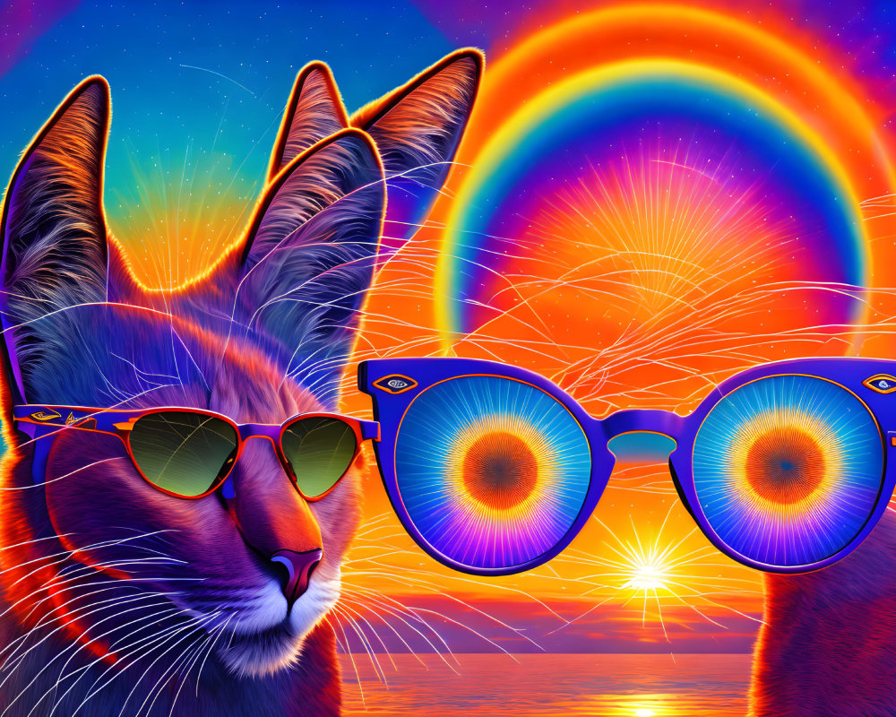 Colorful Cat with Sunglasses Reflecting Eye Pattern in Sunset Rainbow Scene