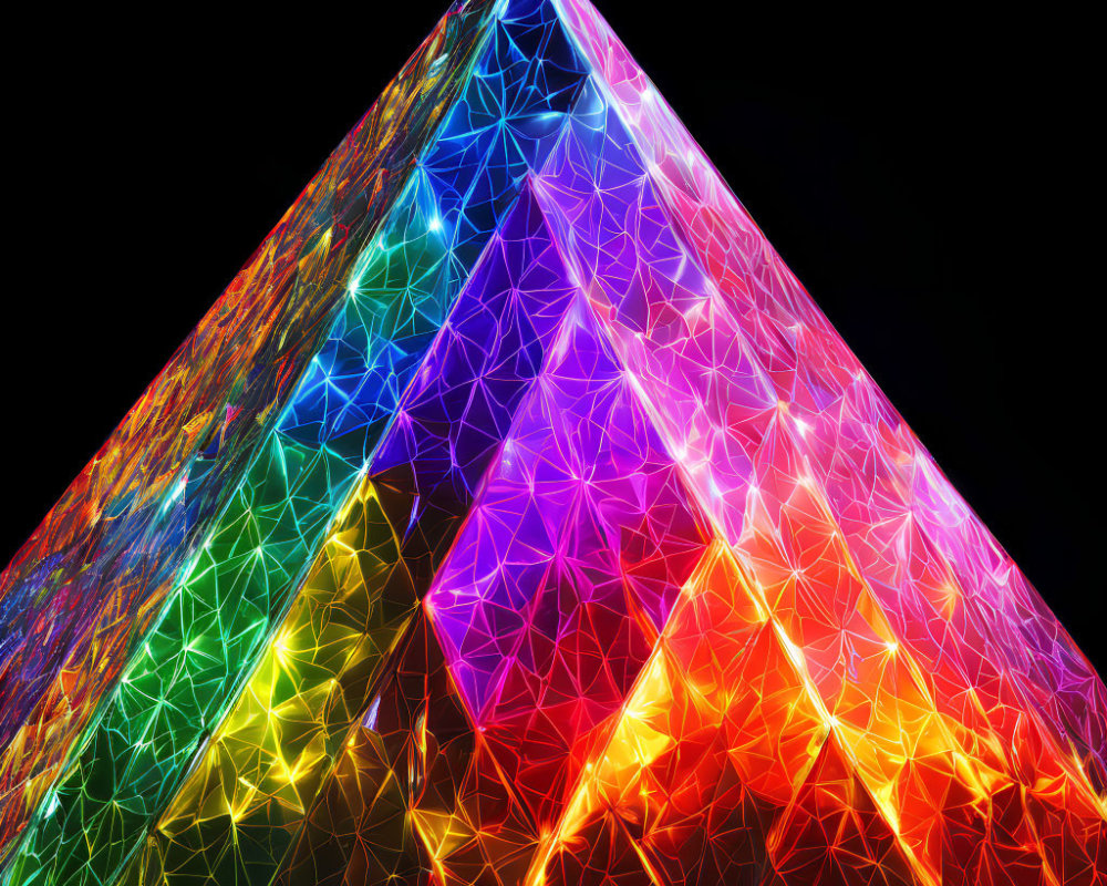 Vibrant neon light projection on pyramidal structure in black background