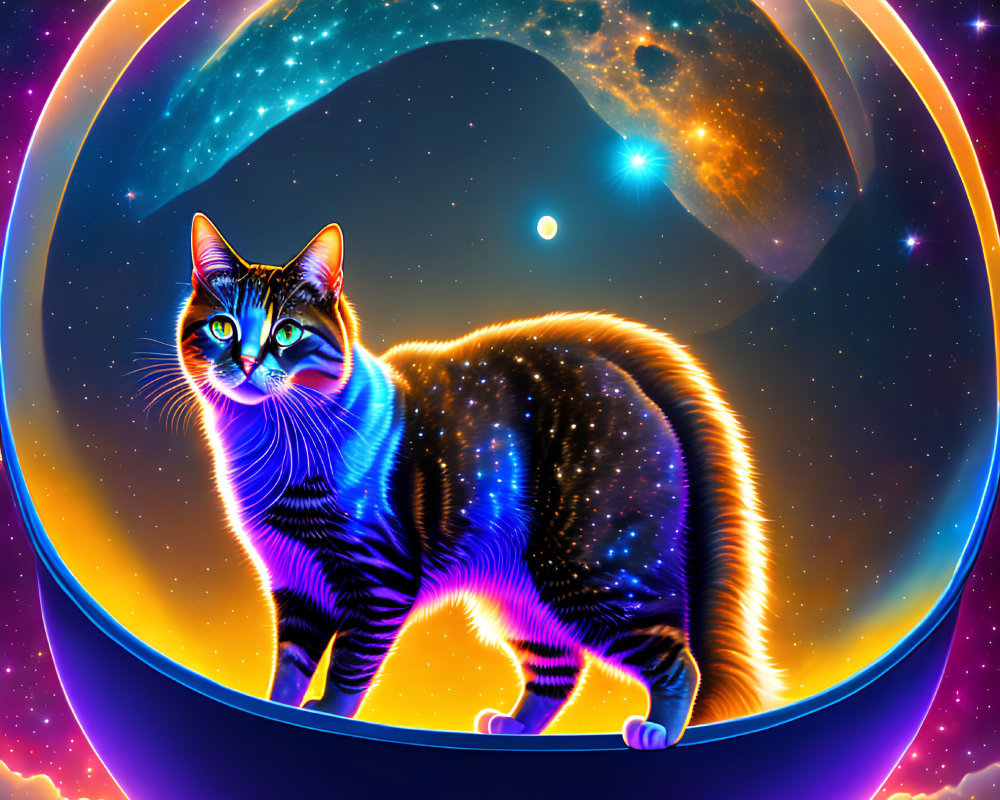 Colorful cosmic cat digital artwork with nebulas, stars, planets, and UFO.