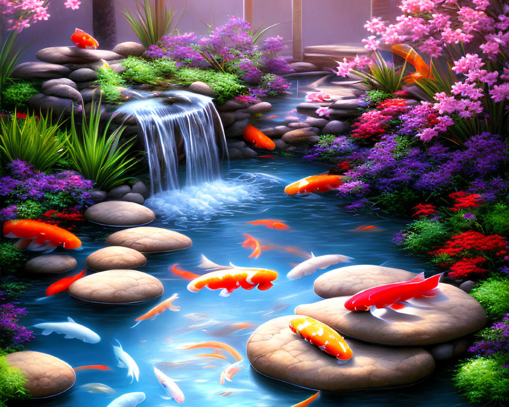 Colorful Garden with Waterfall, Koi Pond, Cherry Blossoms, and Greenery