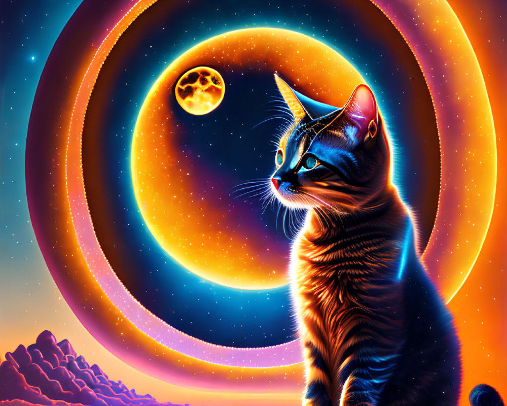 Colorful Digital Artwork: Cat with Neon Rings and Cosmic Moon Backdrop