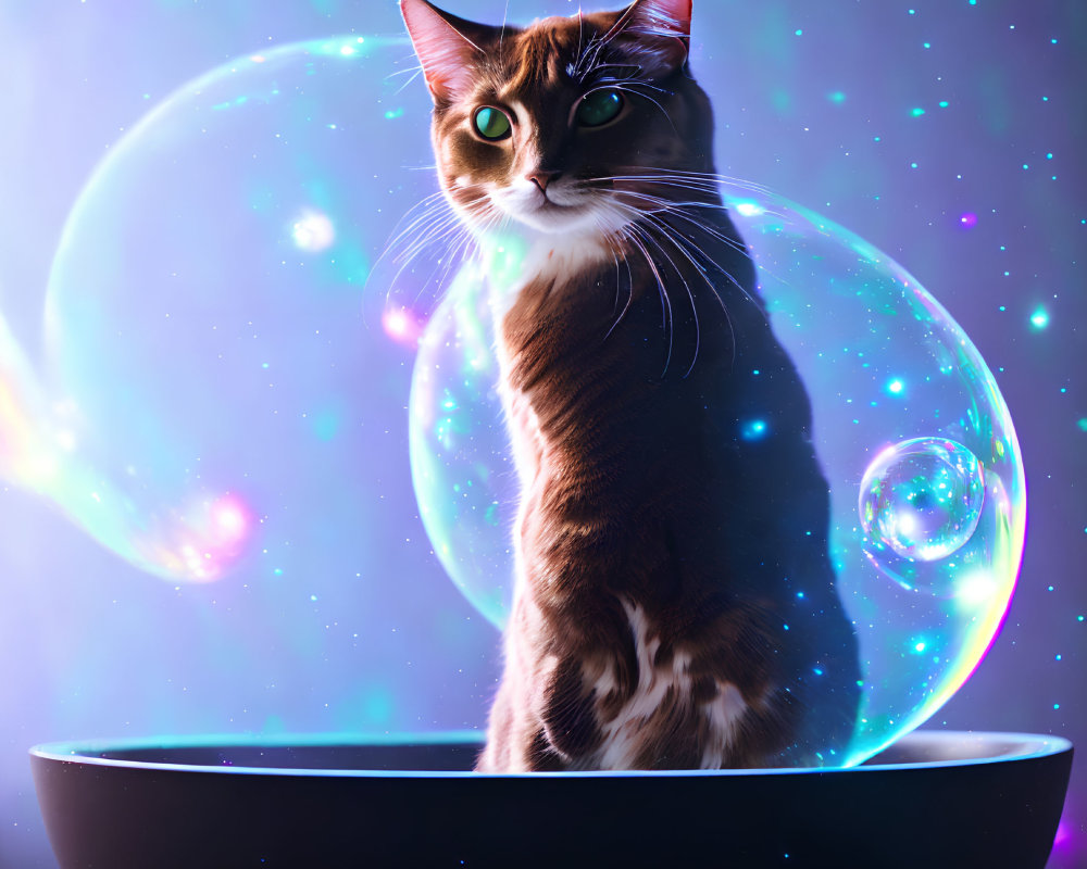 Cat with striking eyes in bowl surrounded by iridescent bubbles on sparkly purple backdrop