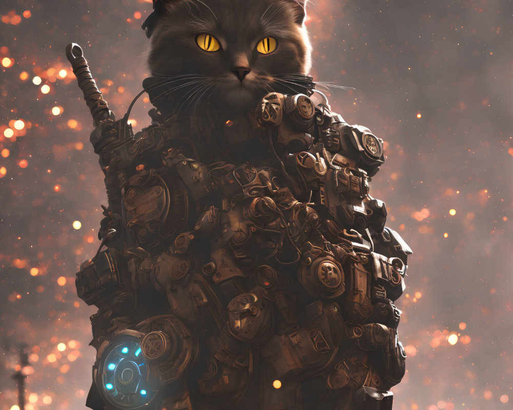 Futuristic mechanical suit cat with glowing yellow eyes on orange backdrop