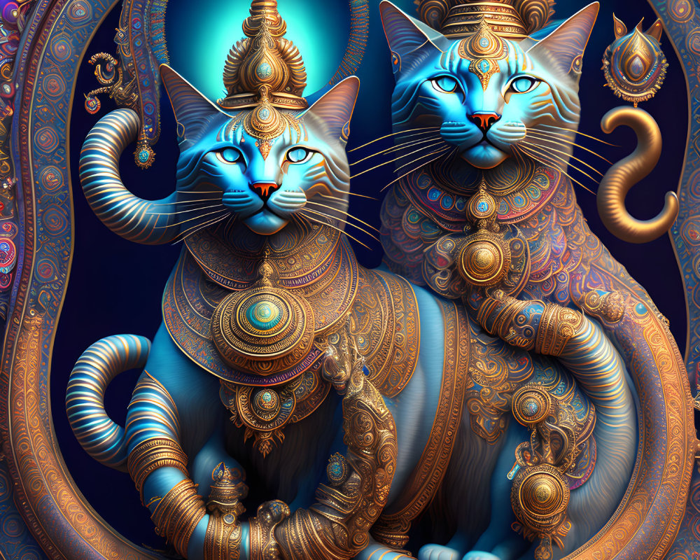 Stylized ornate blue cats with human-like eyes in digital art