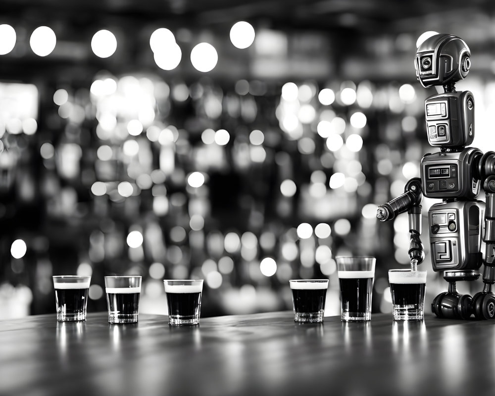 Monochrome humanoid robot at bar with shot glasses and bokeh lights