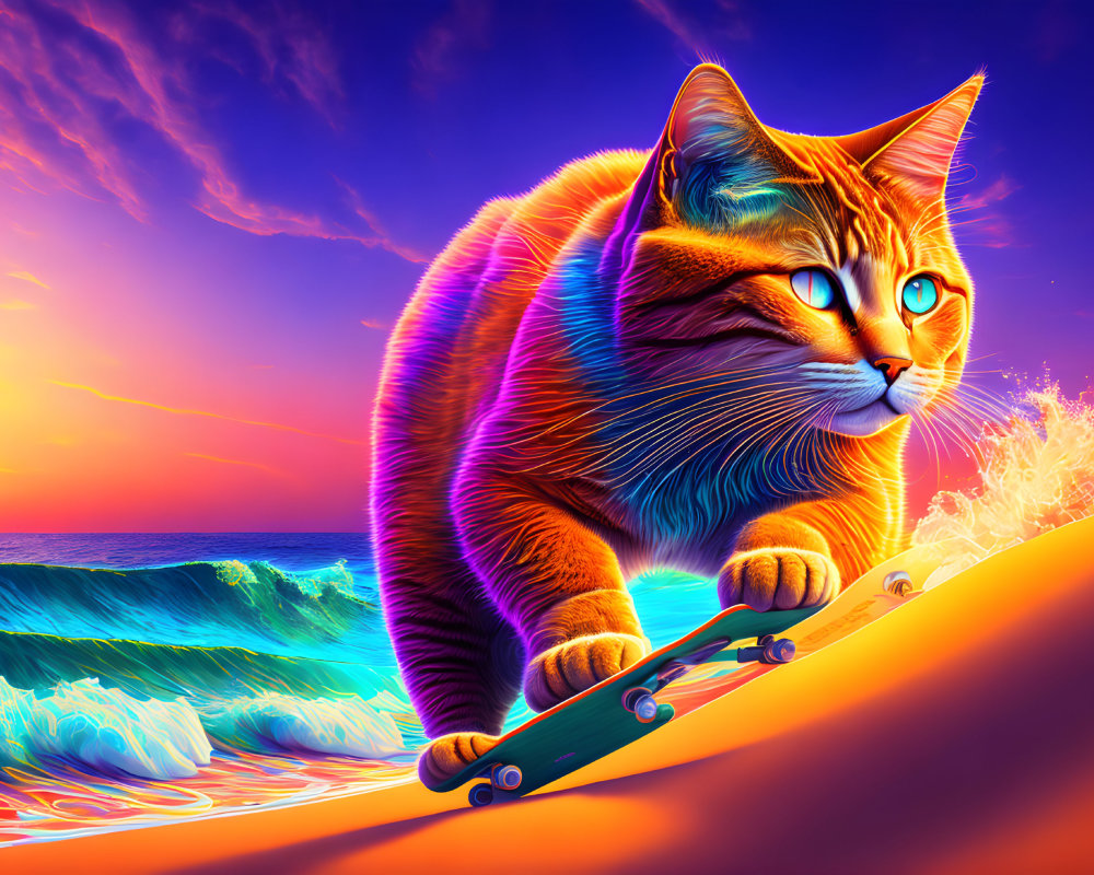 Colorful Cat Skateboarding by Sunset Sea