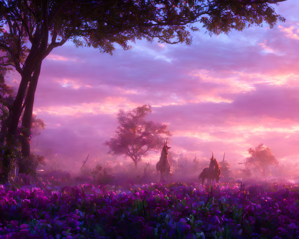 Knights riding through mystical purple flower field at sunset