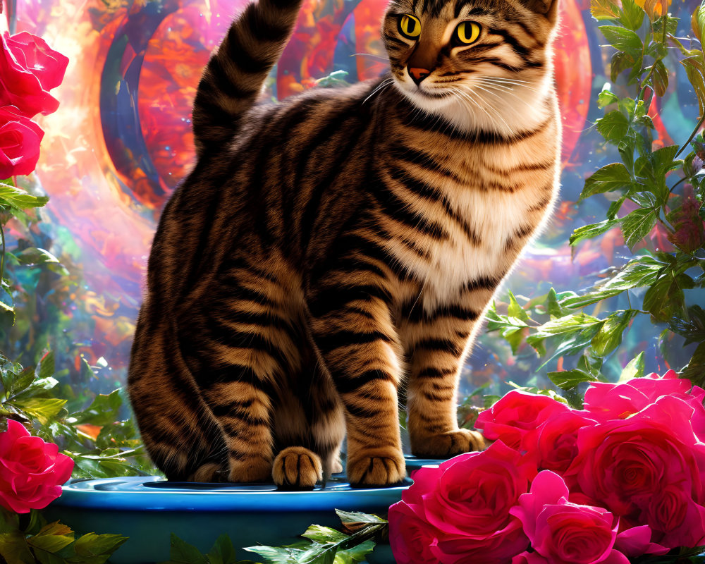 Tabby Cat Surrounded by Red Roses on Blue Surface