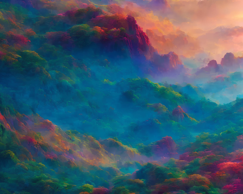 Colorful digital artwork: Misty mountain landscape with lush vegetation