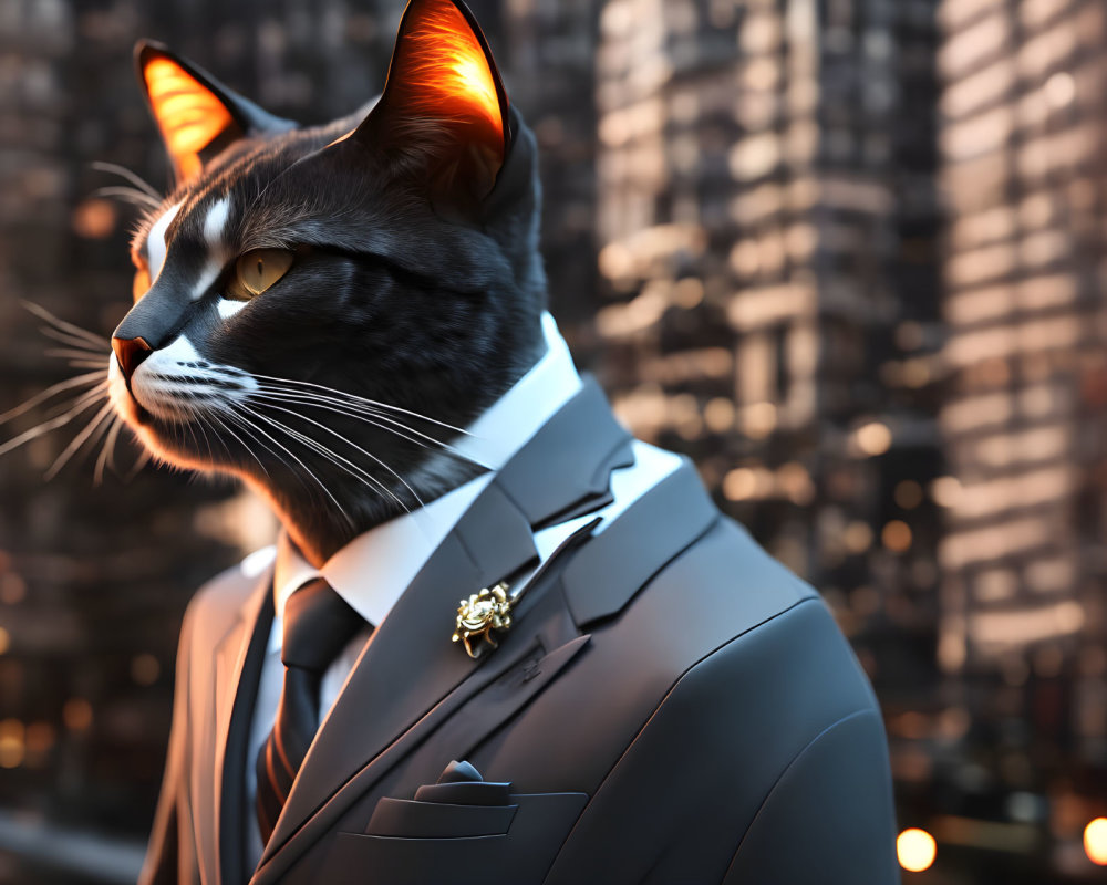 Feline with human body in suit against city skyline at dusk