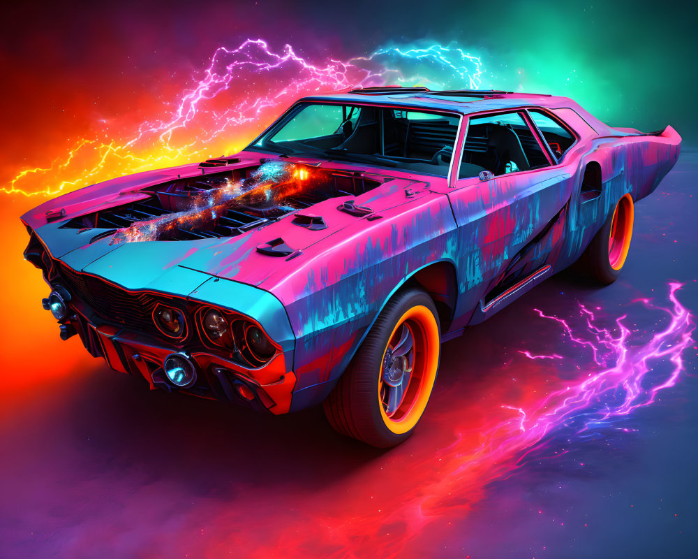 Colorful Neon-Lit Muscle Car Illustration on Electric Background