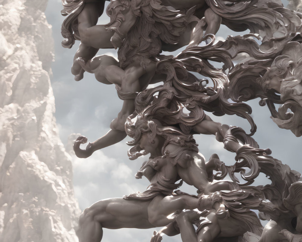 Dynamic human figures sculpture against cloud-like backdrop