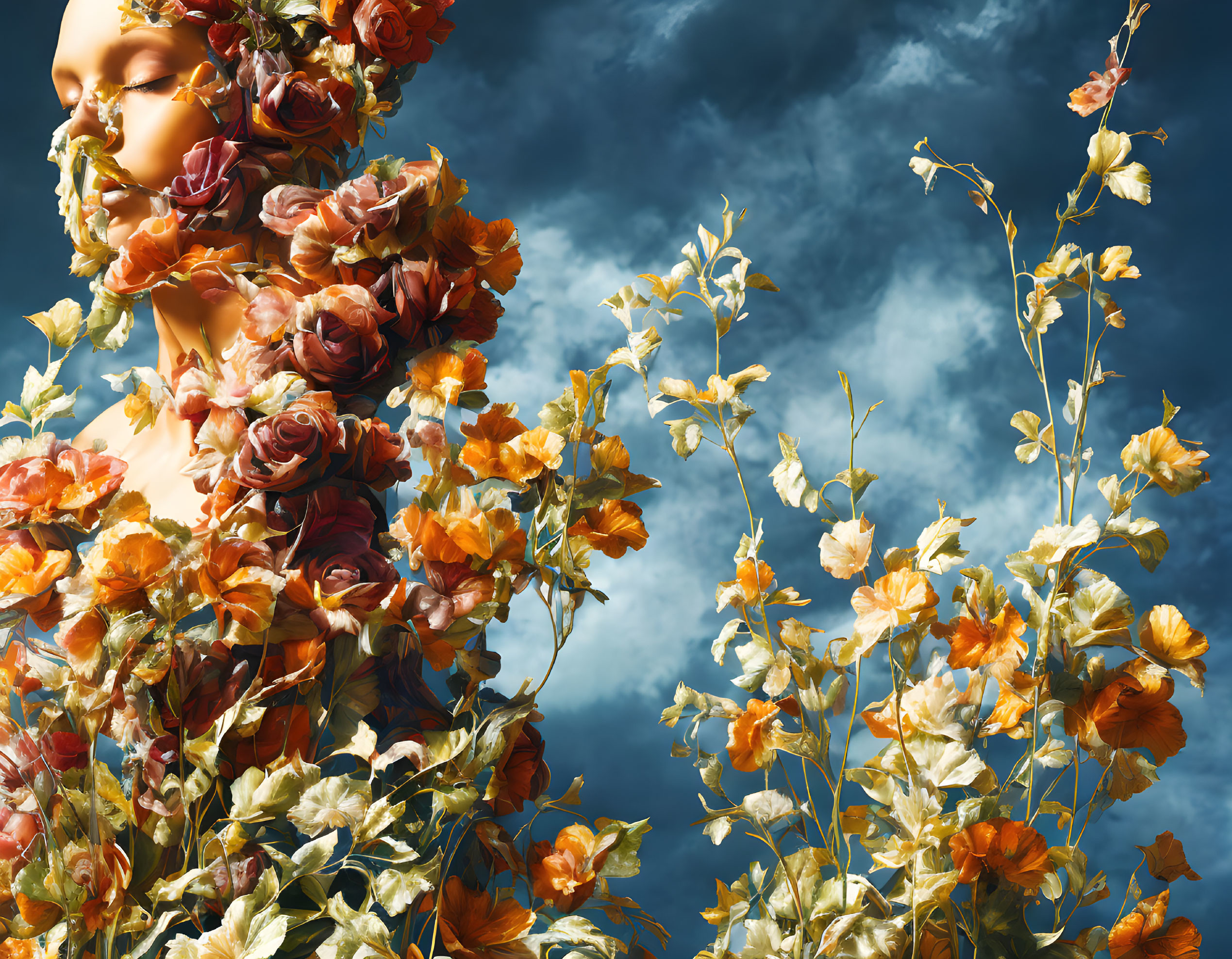 Person merged with colorful flowers under dramatic sky